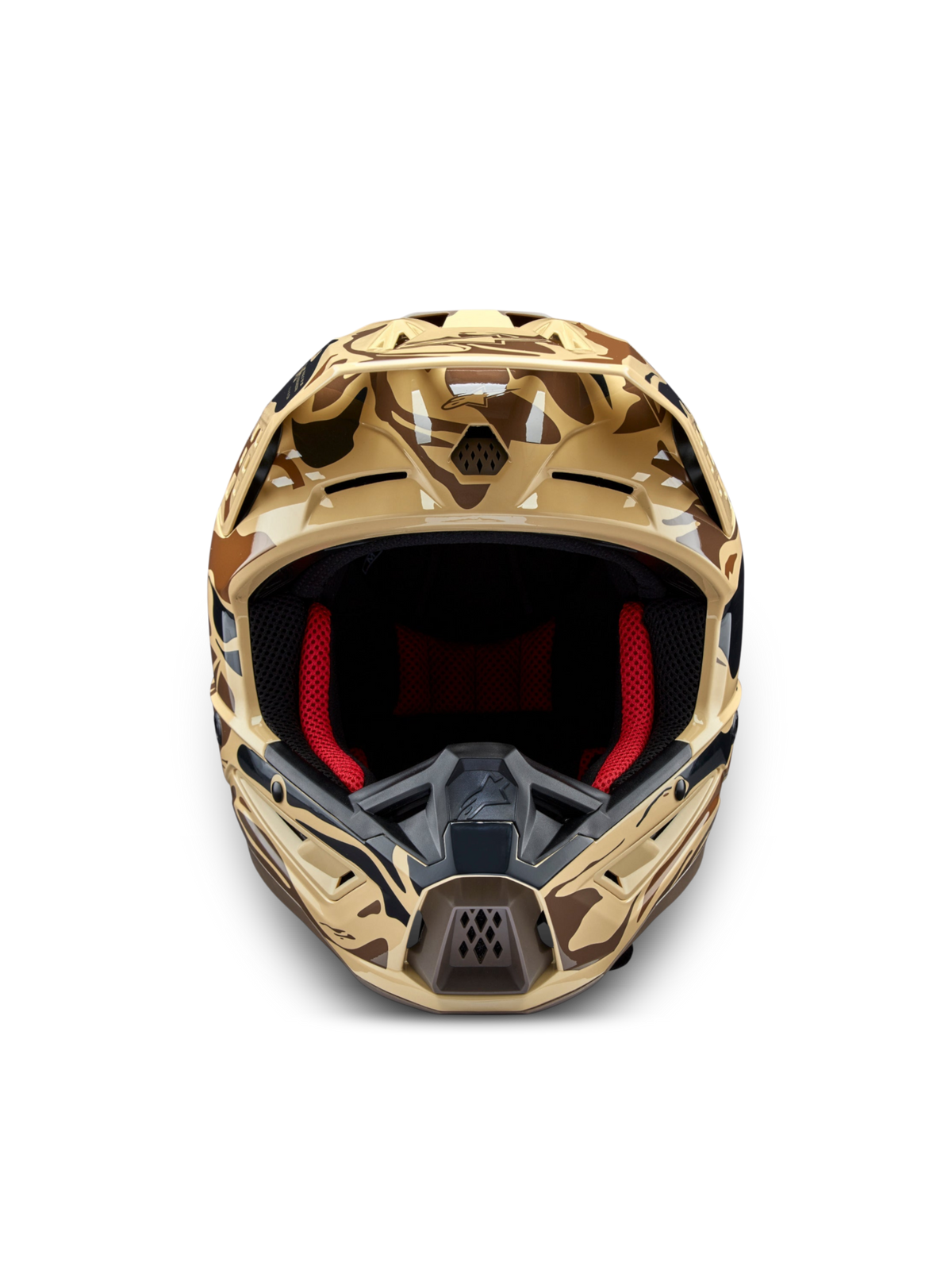 Alpinestars S-M5 Mineral, capacete de motocross castanho camuflado, vista frontal com interior vermelho, certificado ECE.