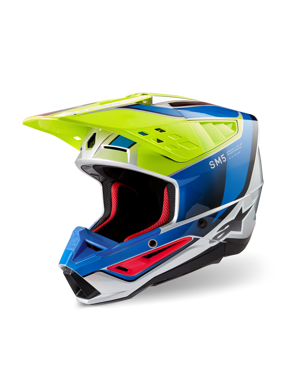 Alpinestars S-M5 Sail Helmet ECE, capacete de motocross, amarelo néon, azul esmalte e prateado brilhante, com calota termoplástica aerodinâmica, forro interno vermelho e viseira de ventilação de alto fluxo para performance todo-o-terreno