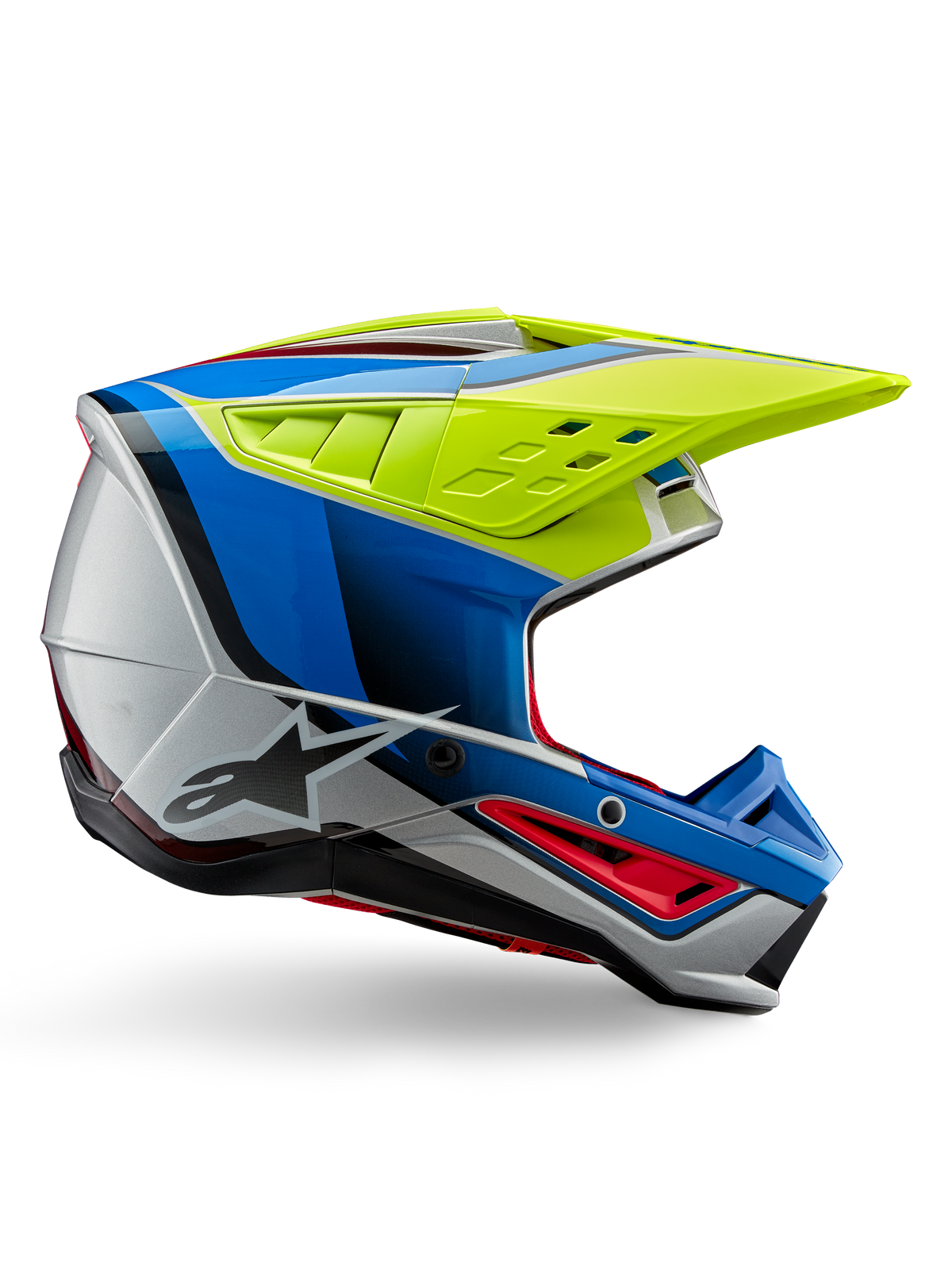 Capacete Alpinestars SM5 Sail ECE, capacete de motocross, amarelo néon, azul esmalte e prateado brilhante, perfil lateral com detalhes vermelhos e logótipo de estrela preto, design angular com aberturas de ventilação, proteção profissional para corridas todo-o-terreno