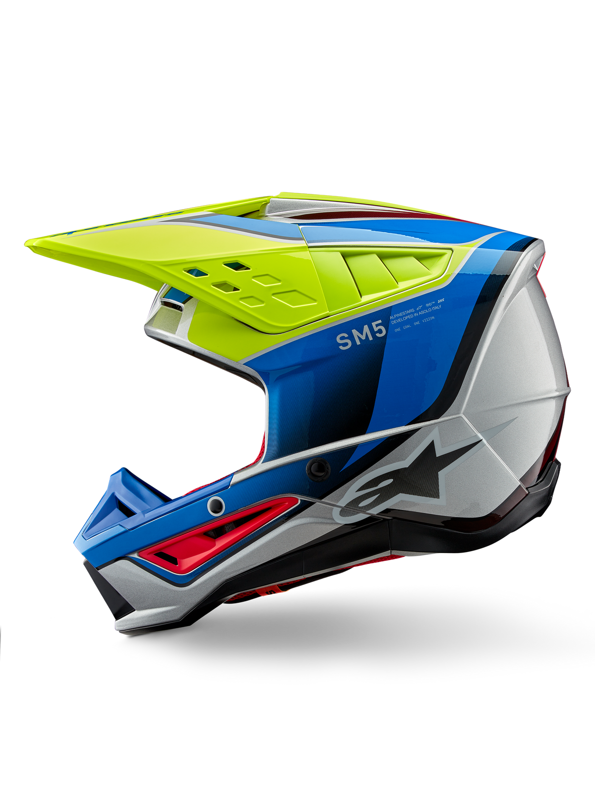 Alpinestars S-M5 Sail Helmet ECE, capacete de motocross, amarelo néon, azul esmalte e prateado brilhante, vista de perfil lateral, com um design aerodinâmico elegante, viseira ventilada e logótipo Alpinestars proeminente, proteção de cabeça de alto desempenho para corridas todo-o-terreno