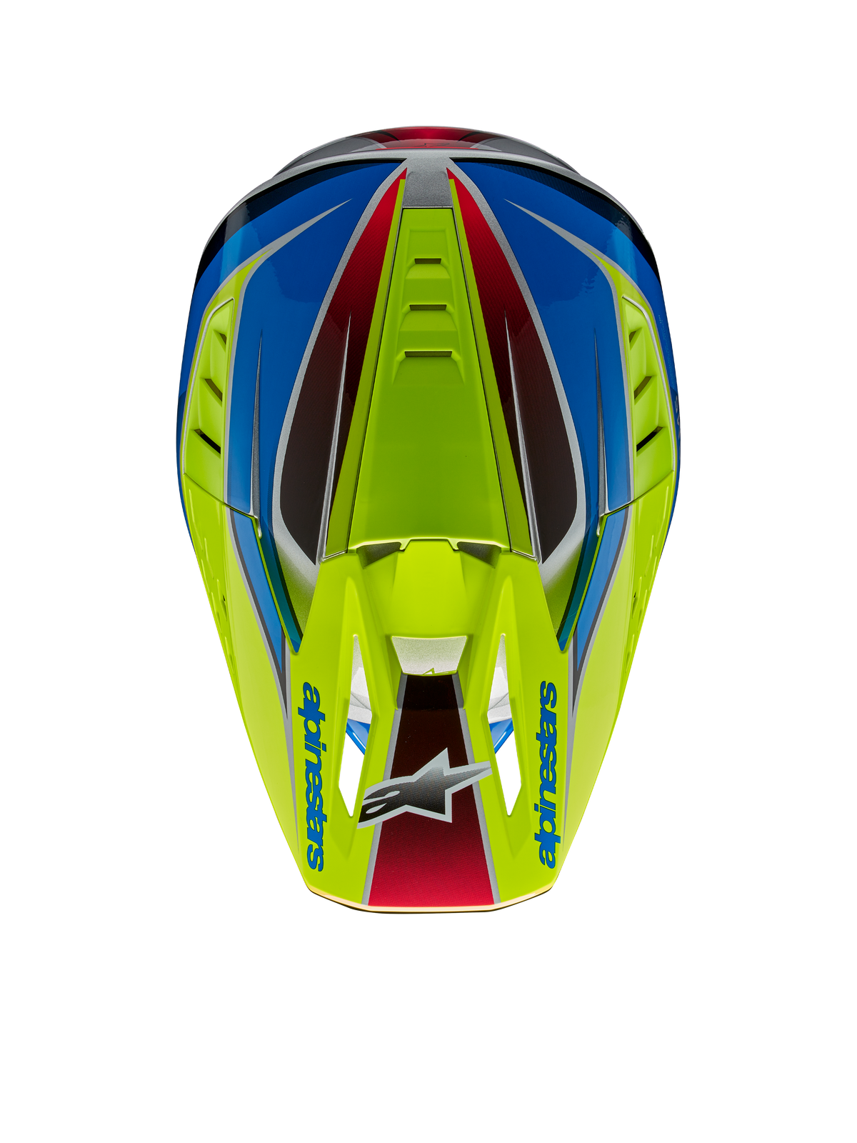 Alpinestars S-M5 Sail Helmet ECE, capacete de motocross, amarelo fluo, azul enamel e prateado brilhante, vista superior destacando a viseira com logótipo Alpinestars e entradas de ar integradas