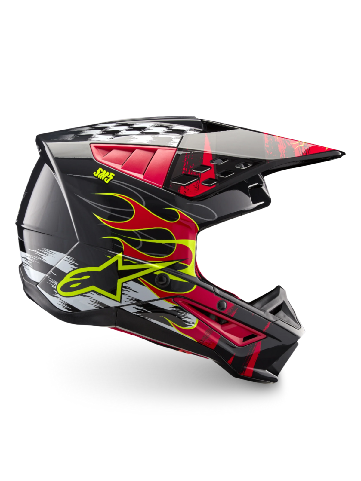 Alpinestars S-M5 Rash ECE 22.06, capacete de motocross cinzento escuro e vermelho brilhante com gráficos de chamas e calota leve.