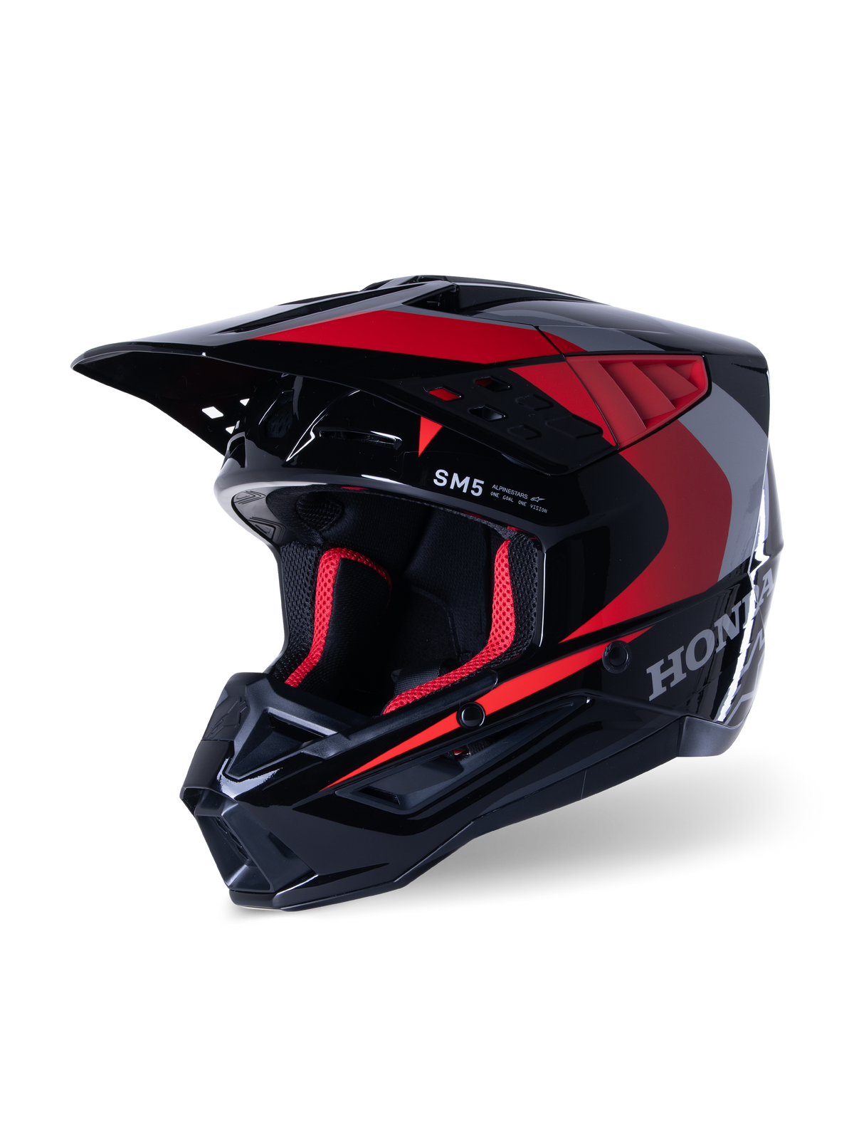 Capacete Alpinestars Honda S-M5, capacete de motocross, preto e vermelho brilhante, com grafismos prateados da Honda e logótipo SM5, perfil aerodinâmico com grandes entradas de ar e pala ajustável, concebido para corridas off-road