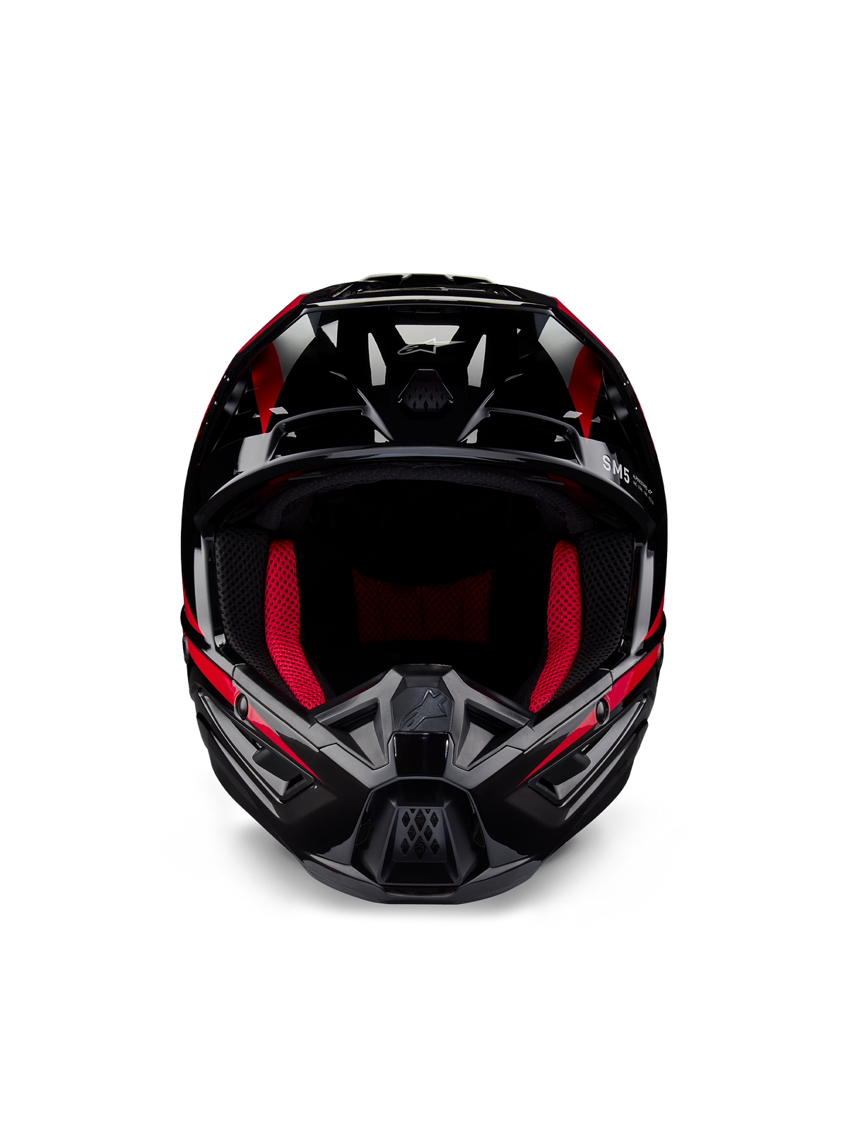 Capacete Alpinestars Honda S-M5 ECE, capacete de motocross, preto e vermelho brilhante, vista frontal com acabamento em preto brilhante e grafismos vermelhos, forro interno em vermelho vibrante, design angular com múltiplas entradas de ar, proteção de alto desempenho para motocross
