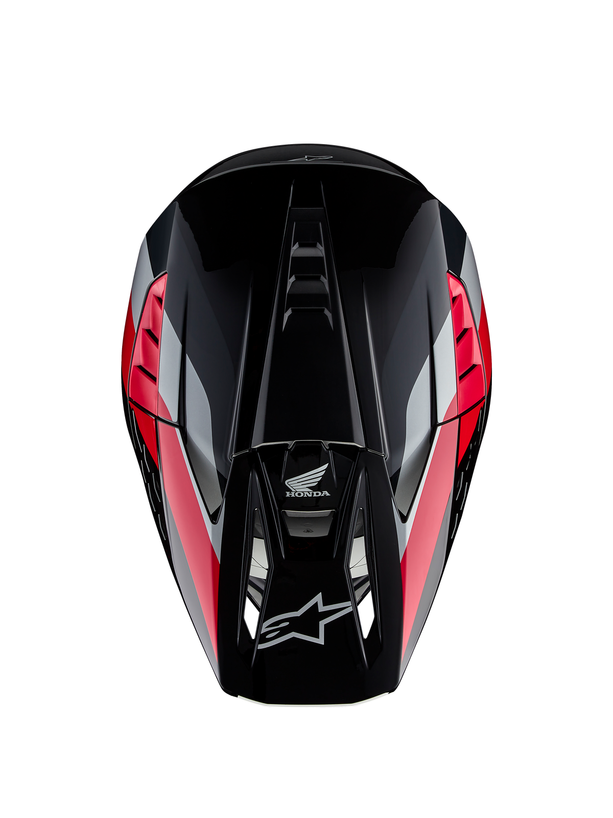 Capacete Honda S-M5 ECE, capacete de motocross, preto e vermelho brilhante com riscas gráficas vermelhas e prateadas, vista superior mostrando a calote aerodinâmica e a pala ventilada, logótipos Alpinestars e Honda, equipamento de alto desempenho para todo-o-terreno