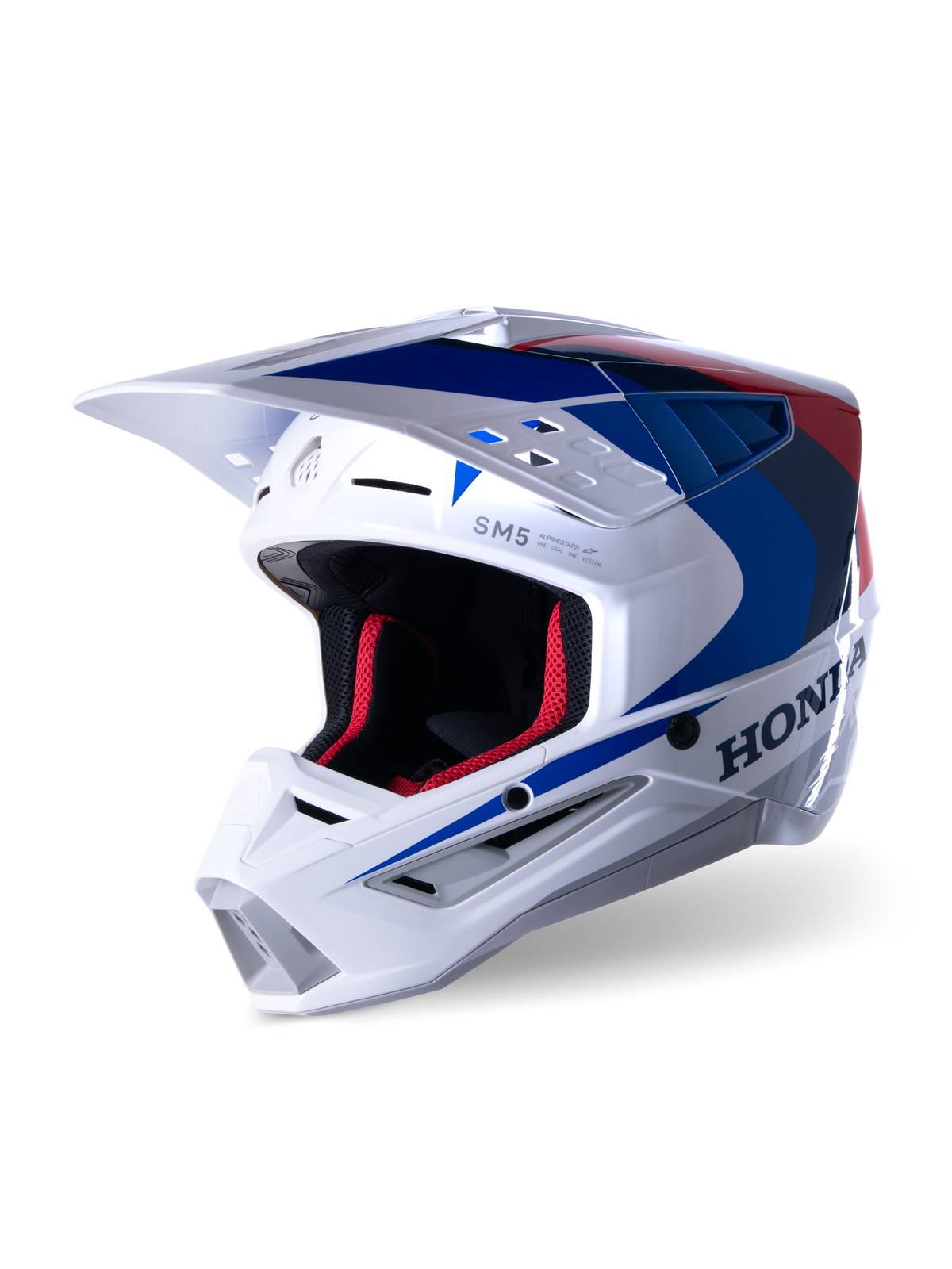 Capacete Alpinestars Honda S-M5 ECE, capacete de motocross, branco, azul e vermelho brilhante, com a marca Honda em destaque na lateral, forro interior em malha vermelha, viseira aerodinâmica com entradas de ar integradas, design gráfico elegante para corridas off-road
