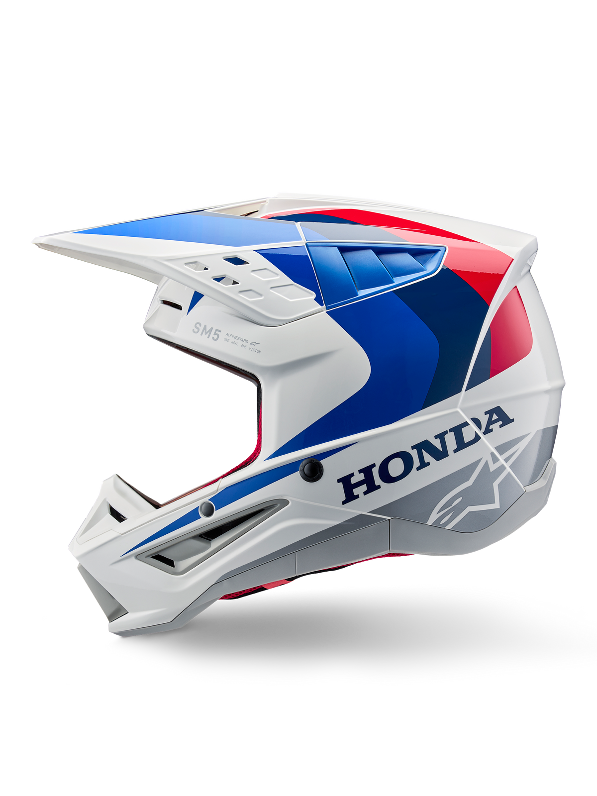 Capacete Alpinestars Honda S-M5 ECE, branco, azul e vermelho brilhante, vista de perfil lateral, com marca Honda em destaque e logótipo da estrela Alpinestars, design aerodinâmico de motocross com múltiplas entradas de ar e uma viseira proeminente, acabamento brilhante