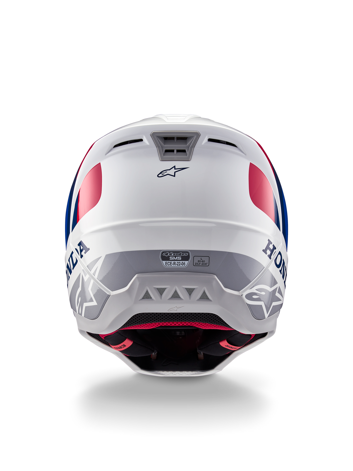 Alpinestars Honda S-M5 Helmet ECE, capacete de motocross, branco, azul e vermelho brilhante, vista traseira com logótipos Honda e Alpinestars, calota aerodinâmica com saídas de ventilação integradas e etiqueta de certificação ECE