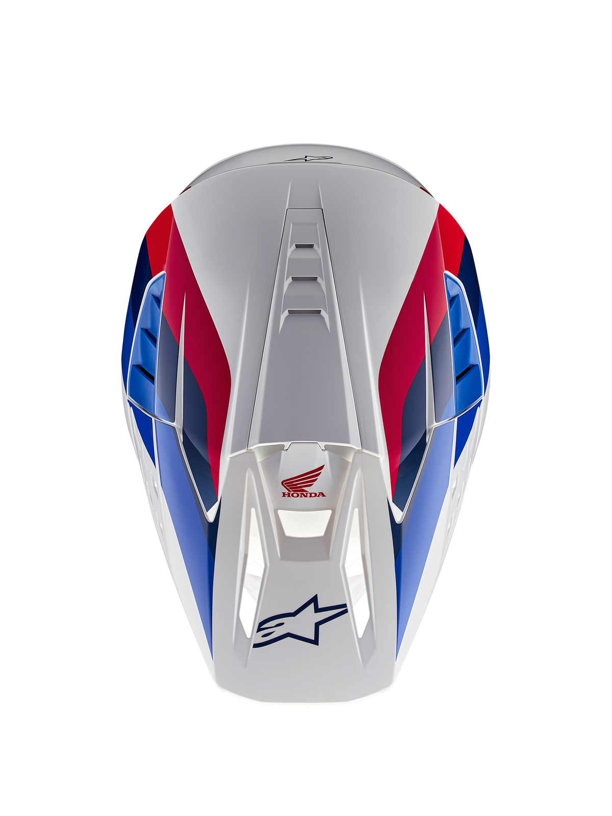 Alpinestars Honda S-M5 Helmet ECE, capacete de motocross, branco, azul e vermelho brilhante, vista superior com destaque para os canais de ventilação, com grafismos em vermelho e azul e logótipos da Honda e Alpinestars