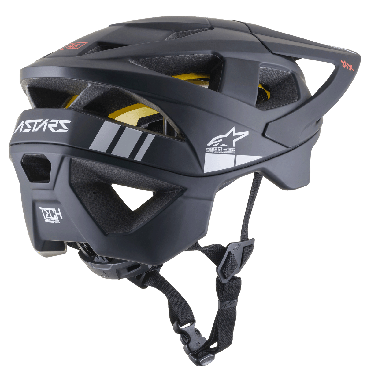 Alpinestars Vector Tech A1 MTB Helmet, capacete de mountain bike, preto mate com pormenores em cinzento claro, perfil lateral-traseiro mostrando aberturas de ventilação, logótipo da estrela Alpinestars branco, marca ASTARS e forro MIPS amarelo visível, com correia de queixo preta ajustável