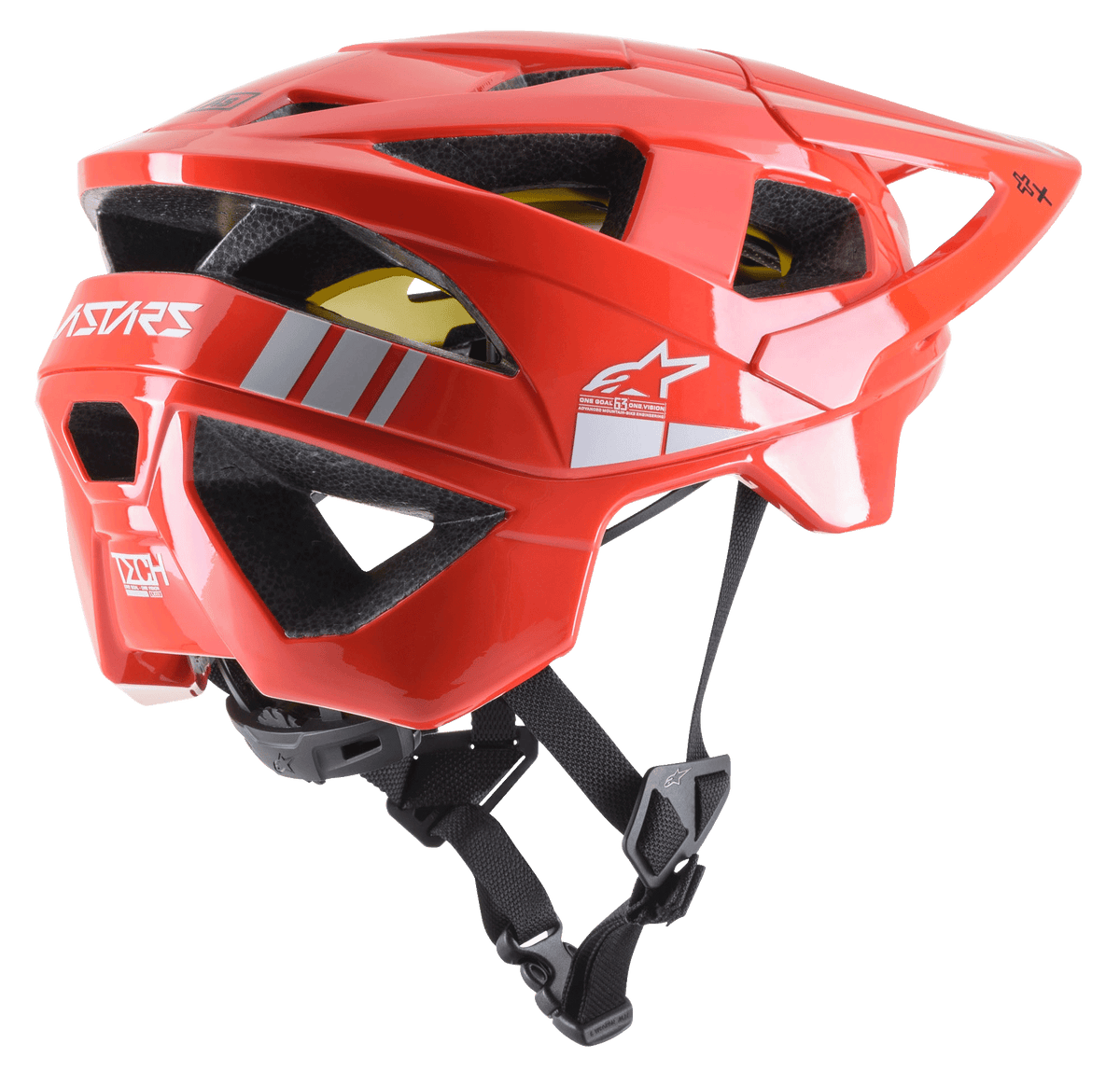 Alpinestars Vector Tech A2 MTB Helmet, capacete de BTT, vermelho vivo e cinzento claro brilhante, com 19 aberturas de ventilação, logótipo branco, forro MIPS amarelo e correia de queixo preta ajustável, durável e leve para proteção todo-o-terreno