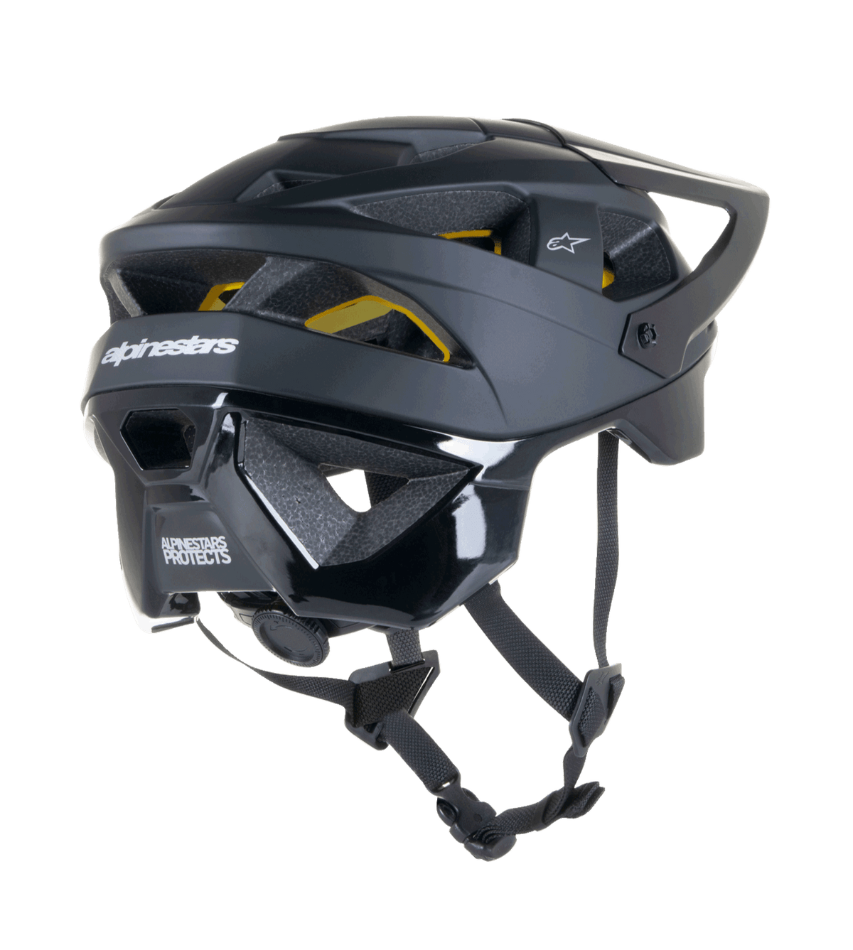 Capacete Alpinestars Vector Tech Solid, capacete de ciclismo MTB, acabamento em preto mate e brilhante, com sistema de proteção Mips, 19 aberturas de ventilação e cobertura alargada na nuca para proteção em trilhos.