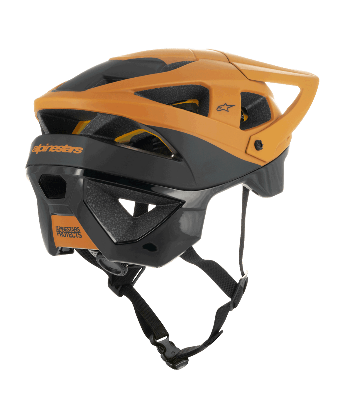 Capacete Alpinestars Vector Tech Zeal, capacete de BTT, preto e dourado escuro, vista lateral traseira com múltiplas aberturas de ventilação, viseira ajustável e correia de queixo preta segura, equipamento de proteção para BTT com marca Alpinestars