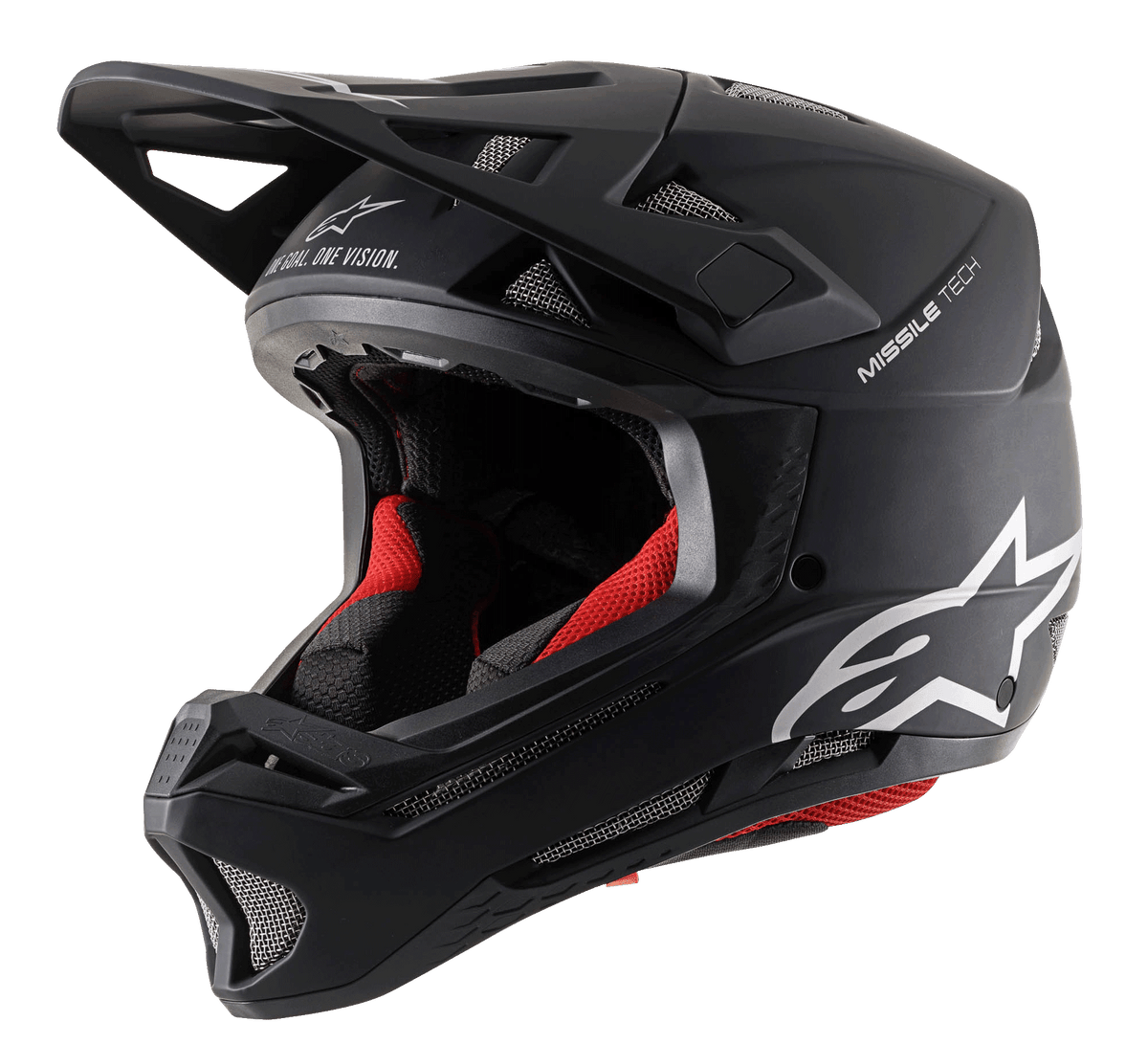 Capacete Alpinestars Missile Tech Solid, integral de BTT preto mate, com acolchoamento vermelho e entradas de ar em malha