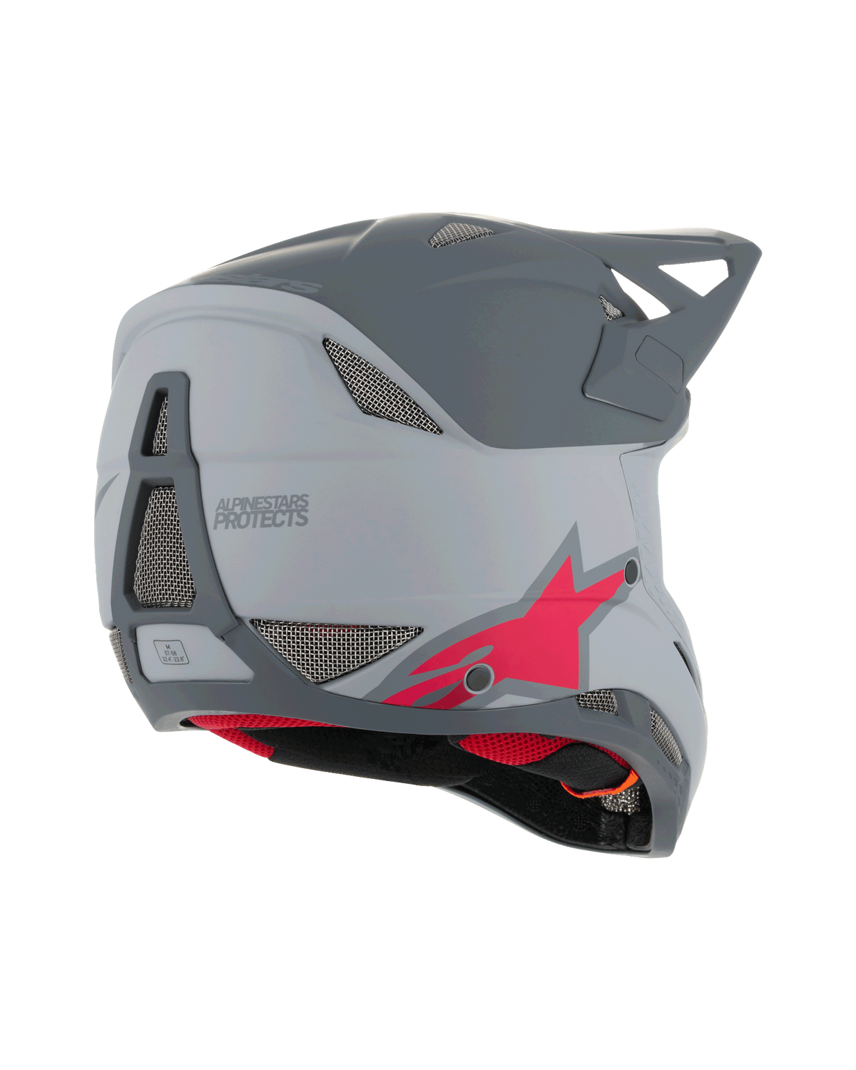 Capacete Alpinestars Missile Tech Racer, capacete integral de BTT, cinzento claro e cinzento escuro mate com logótipo de estrela vermelha, vista lateral traseira mostrando a rede de ventilação e o perfil aerodinâmico, proteção para ciclismo de downhill