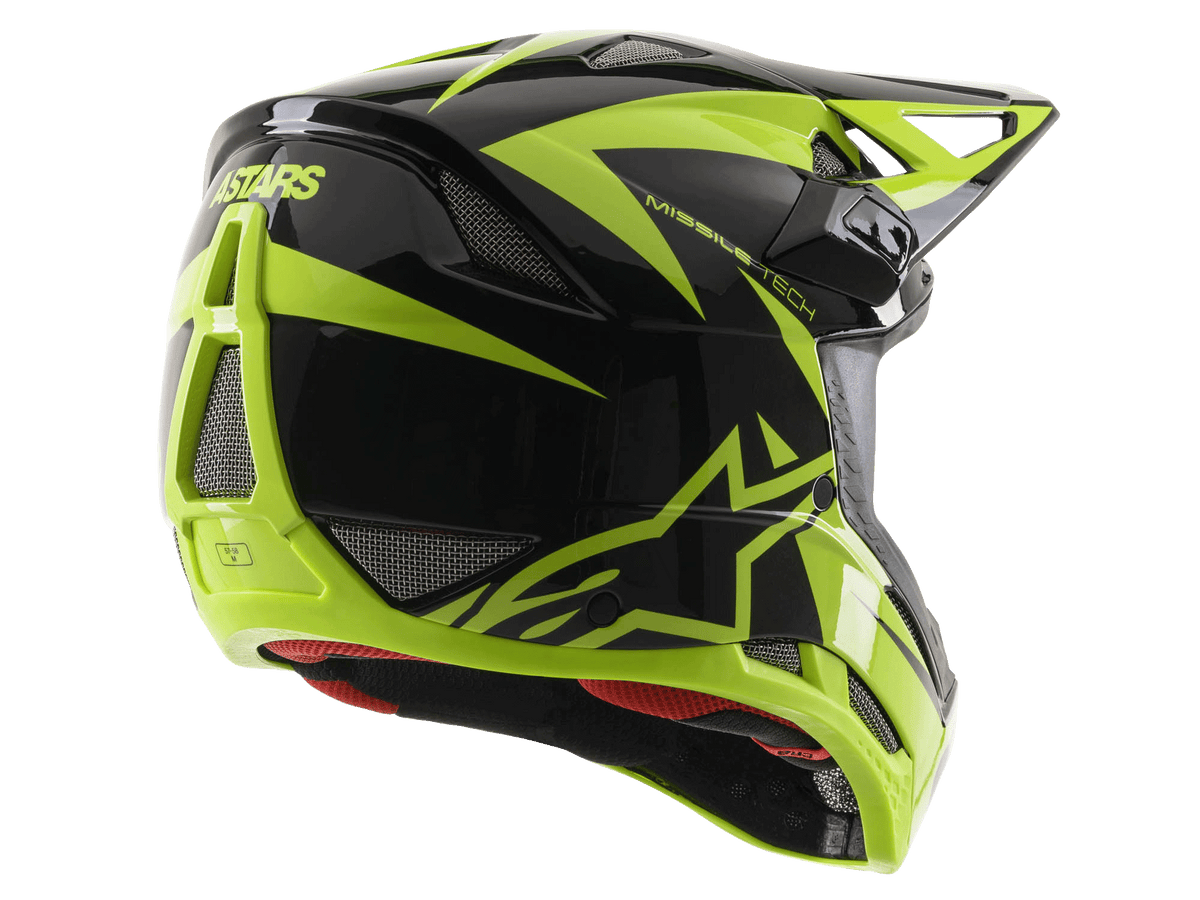 Capacete Integral Alpinestars Missile Tech-Air, preto e amarelo néon brilhante, vista traseira de três quartos com grandes aberturas de ventilação em malha, logótipo ASTARS e forro interior vermelho, concebido para performance de MTB downhill.