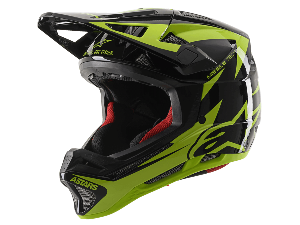 Alpinestars Missile Tech-Air Full Face Helmet, capacete de MTB Downhill, preto e amarelo fluorescente brilhante, com 22 aberturas de ventilação, logótipos 'ASTARS' e 'MISSILE TECH', acolchoamento interior vermelho, design aerodinâmico brilhante