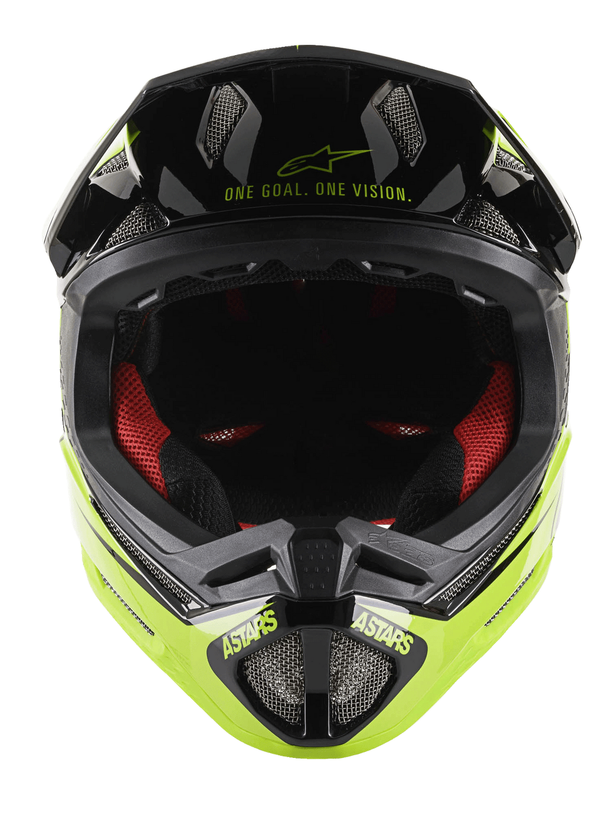 Capacete Alpinestars Missile Tech-Air® Full Face, capacete de BTT integral, preto e amarelo fluo brilhante, vista frontal mostrando o texto 'One Goal. One Vision.' na viseira, forro interior vermelho, aberturas de ventilação em malha e marca ASTARS na proteção do queixo