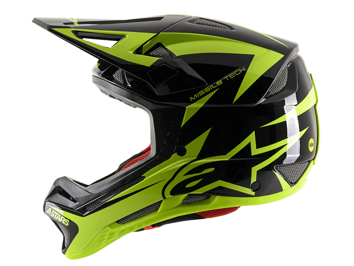 Alpinestars Missile Tech-Air Full Face Helmet, capacete integral de BTT, preto e amarelo fluorescente brilhante, vista de perfil lateral realçando o grande logótipo de estrela amarela, aberturas de ventilação em malha e viseira aerodinâmica para a prática de downhill.