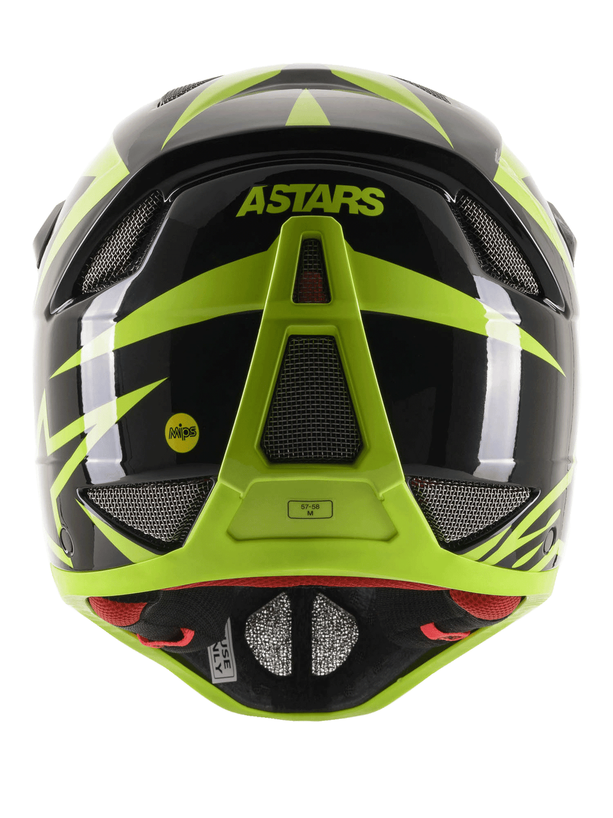 Capacete Alpinestars Missile Tech-Air Full Face, vista traseira, preto e amarelo néon brilhante, com a marca ASTARS e logótipo MIPS, design aerodinâmico com múltiplas aberturas de ventilação protegidas por rede