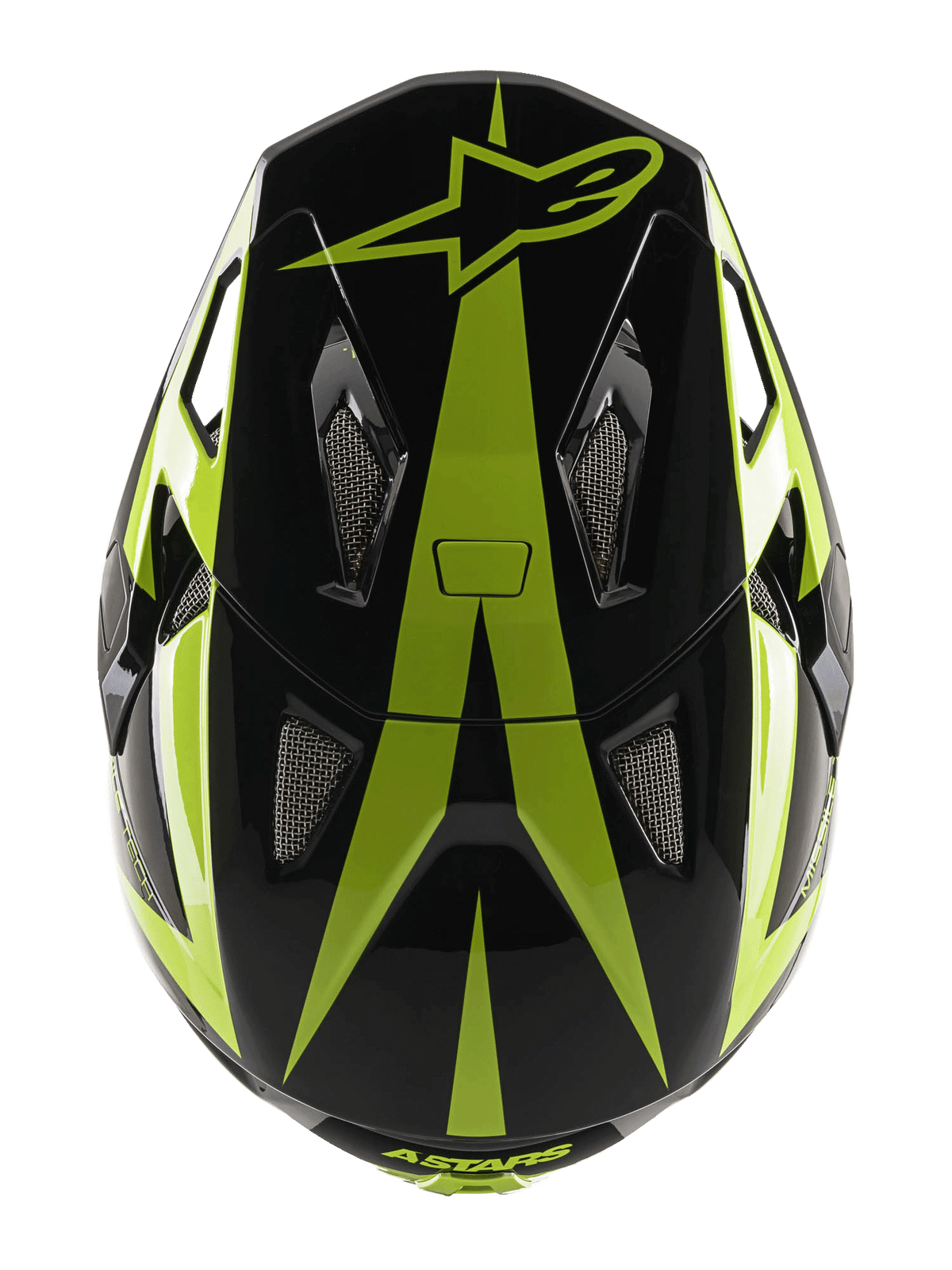Alpinestars Missile Tech-Air Full Face Helmet, capacete de BTT, preto e amarelo néon brilhante, vista superior com destaque para o logótipo de estrela e aberturas de ventilação com rede
