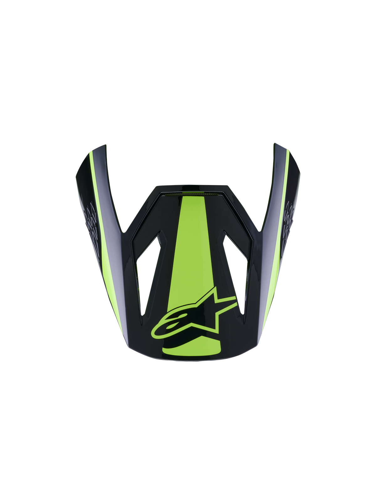 Alpinestars S-M3 Heat Visor ECE06, viseira para capacete de motociclista, amarelo flúor e preto brilhante, com uma risca central amarela fluorescente e detalhes laterais, acabamento preto brilhante com logótipo de estrela amarelo, design de pala aerodinâmico para capacetes de motocross