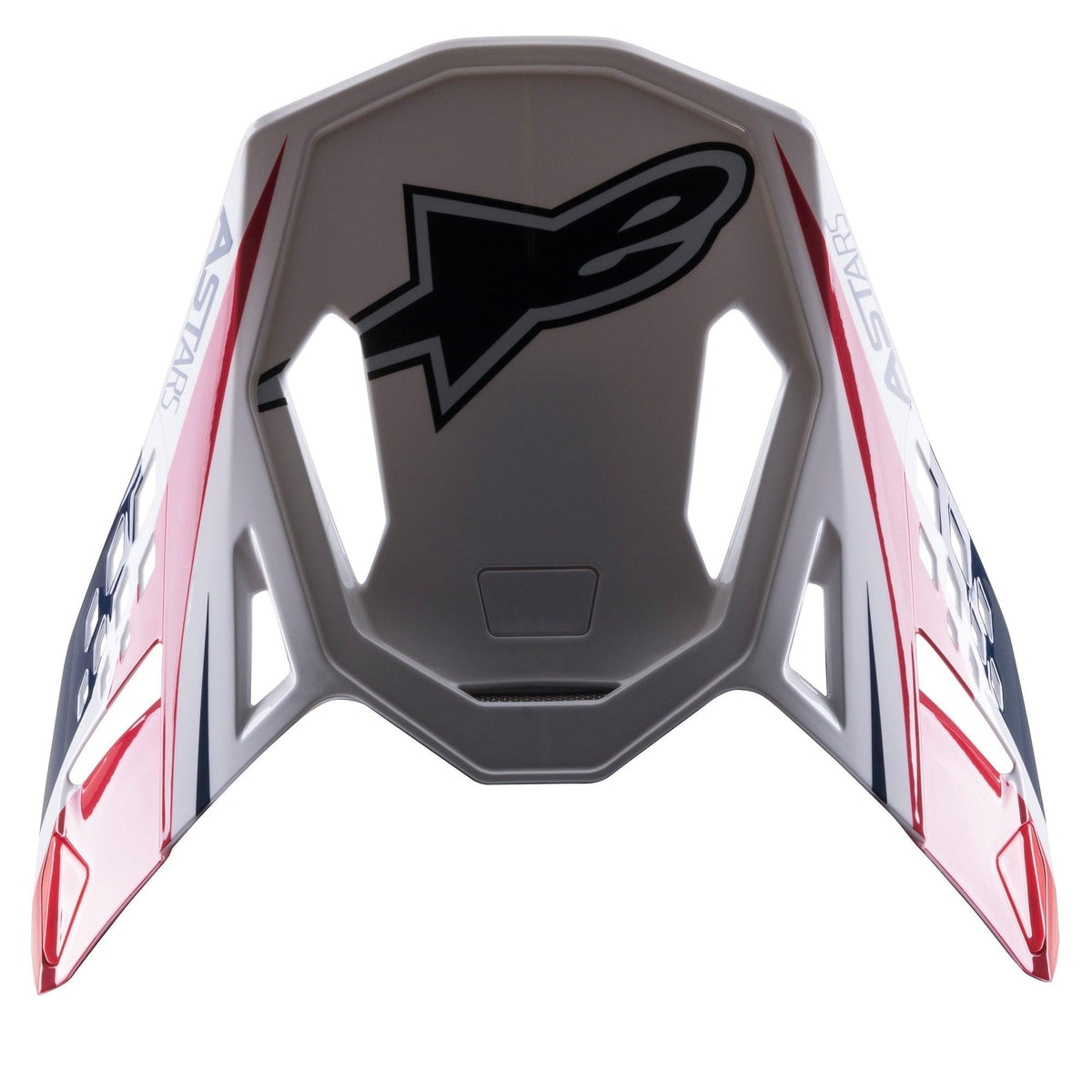 Alpinestars Supertech M10 Carbon Meta2 Visor, pala de substituição para capacete, branca, vermelha e azul com acabamento brilhante, logótipo Astars preto e grafismos dinâmicos, para capacetes de motocross todo-o-terreno