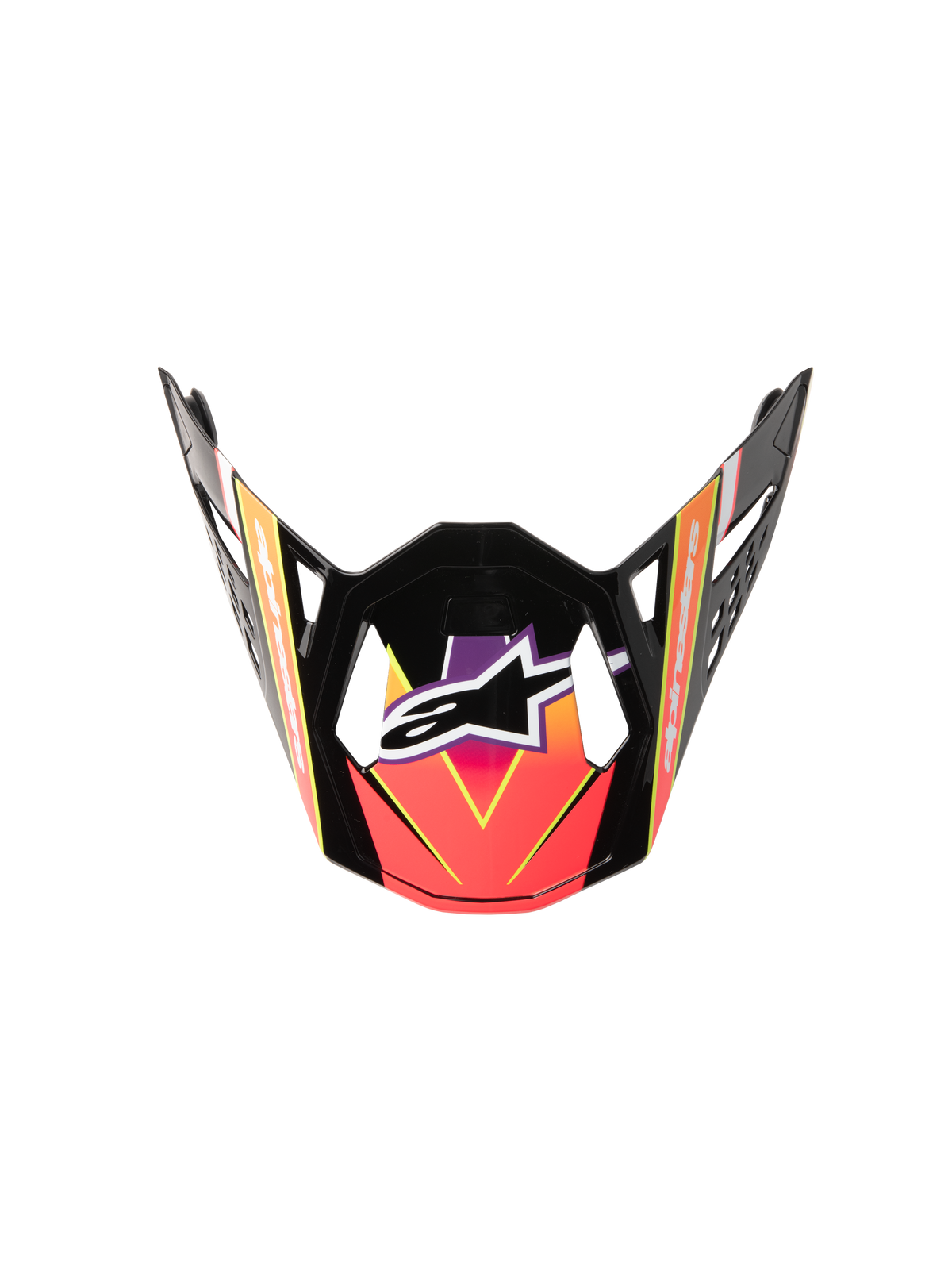 Alpinestars Supertech M10 Era Visor, Motocross Helmet Visor, Pink Violet and Yellow Fluo Glossy gradient, glossy black frame, angular aerodynamic shape with centered white logo, official replacement peak for off-road racing