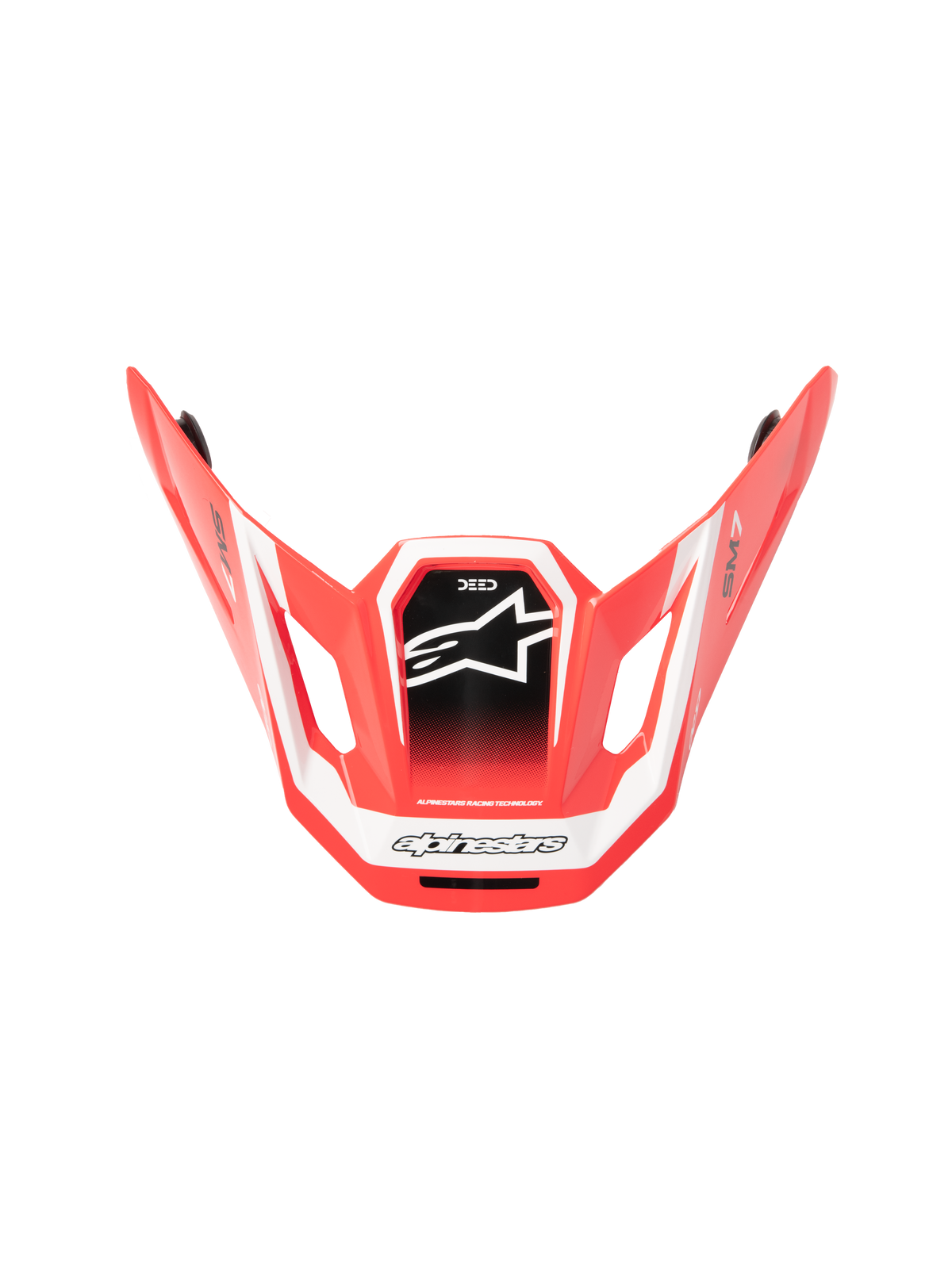 Alpinestars S-M7 Deed ECE06 Viseira, pala para capacete de motocross, vermelho, preto e branco brilhante, design aerodinâmico angular com logótipo de estrela branca no painel central preto, marcas SM7 e Deed, acabamento brilhante para performance em todo-o-terreno