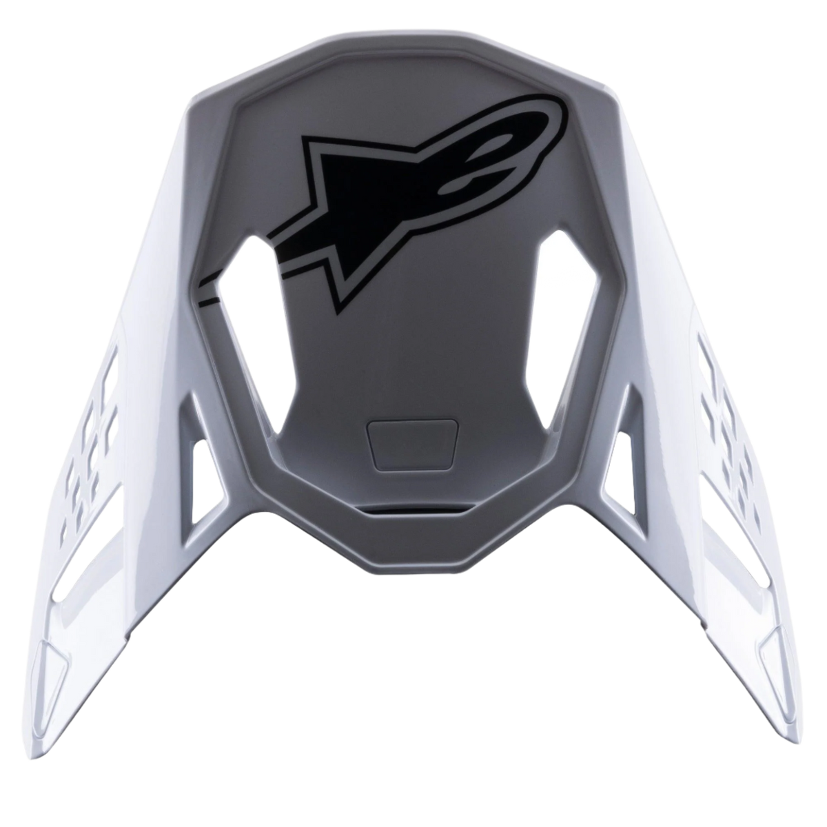 Alpinestars S-M8 Factory Visor, pala de substituição para capacete de motocross, branca com logótipo Alpinestars preto, acabamento brilhante, design aerodinâmico com aberturas de ventilação