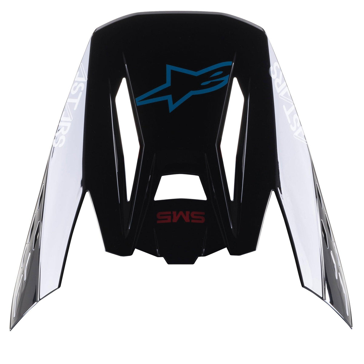 Alpinestars S-M5 Bond Visor, pala de substituição para capacete de motocross, preto e ciano brilhante, com logótipo da estrela Alpinestars em azul e painéis laterais brancos com o texto 'ASTARS', concebida para corridas de todo-o-terreno
