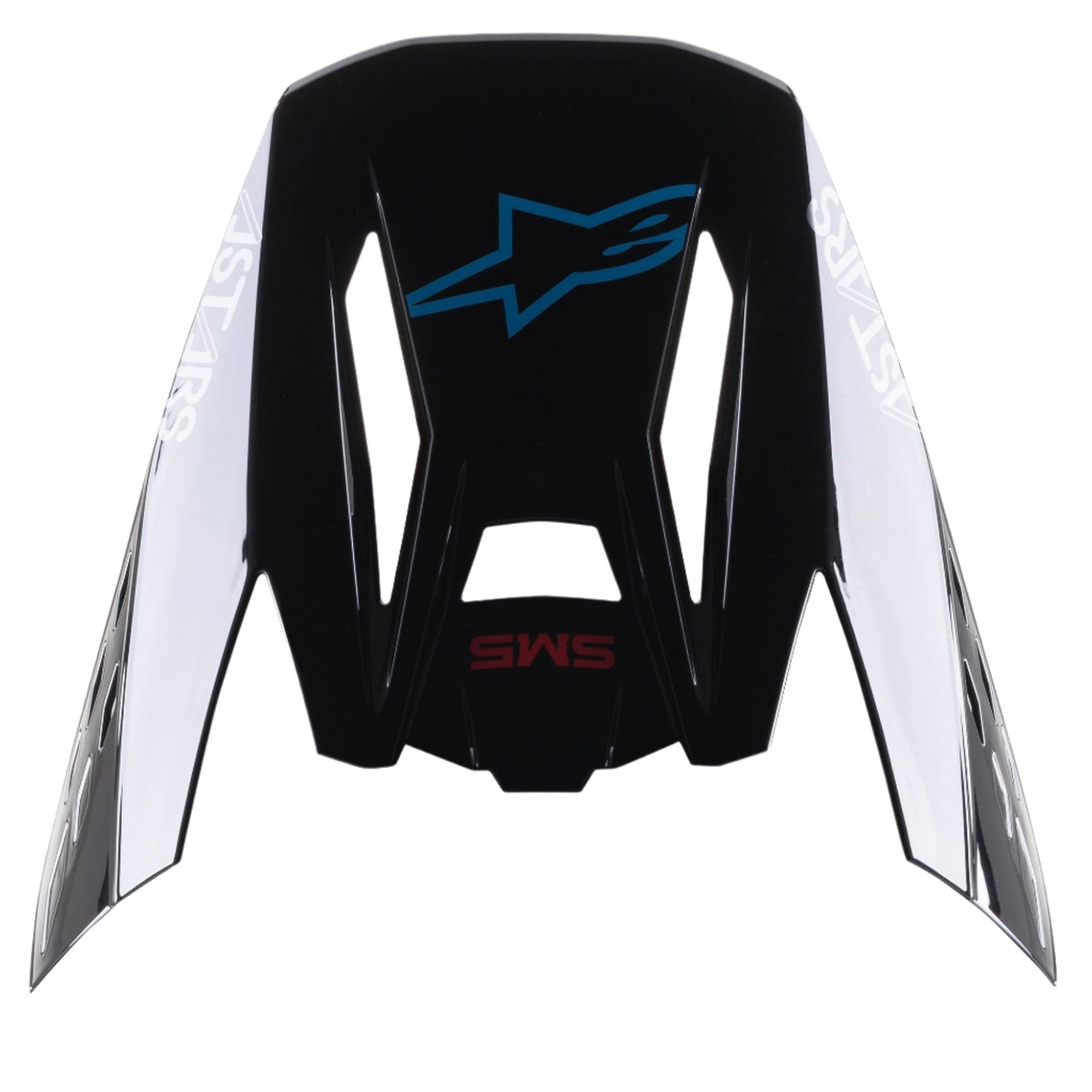 Viseira Alpinestars S-M5 Bond, pala de substituição para capacetes de motocross, preto ciano brilhante com logótipo Astars branco nas laterais, vista superior com logótipo de estrela azul e texto SM5 vermelho