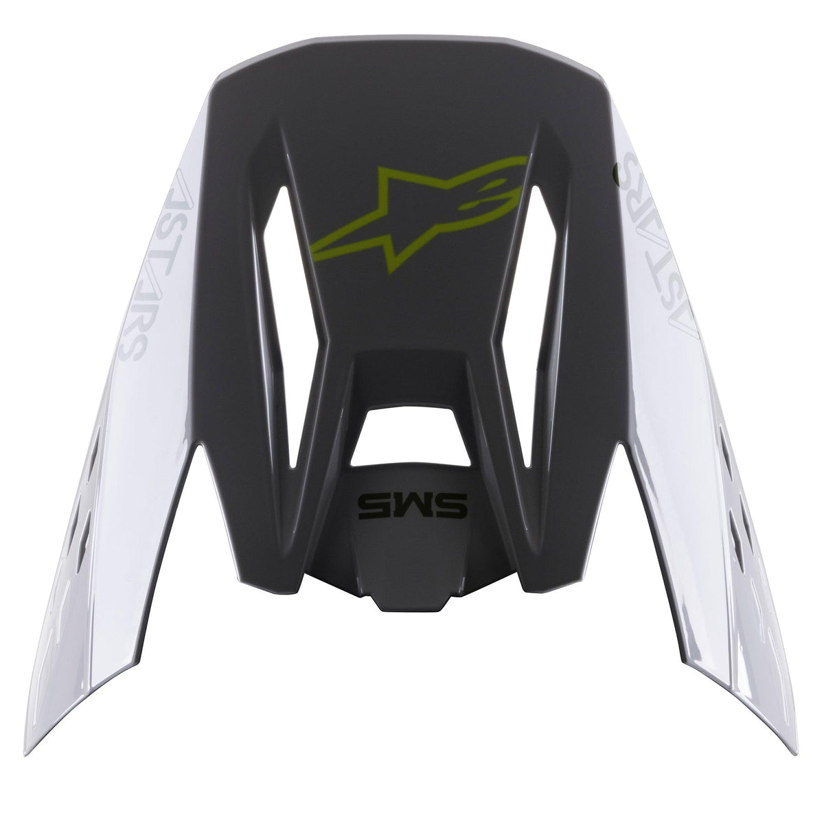 Alpinestars S-M5 Bond Visor, pala de substituição para capacete, prateado e amarelo néon brilhante, com logótipo central de estrela em amarelo néon, texto SM5 e painéis laterais brancos com a marca ASTARS, acabamento brilhante para proteção de motocross
