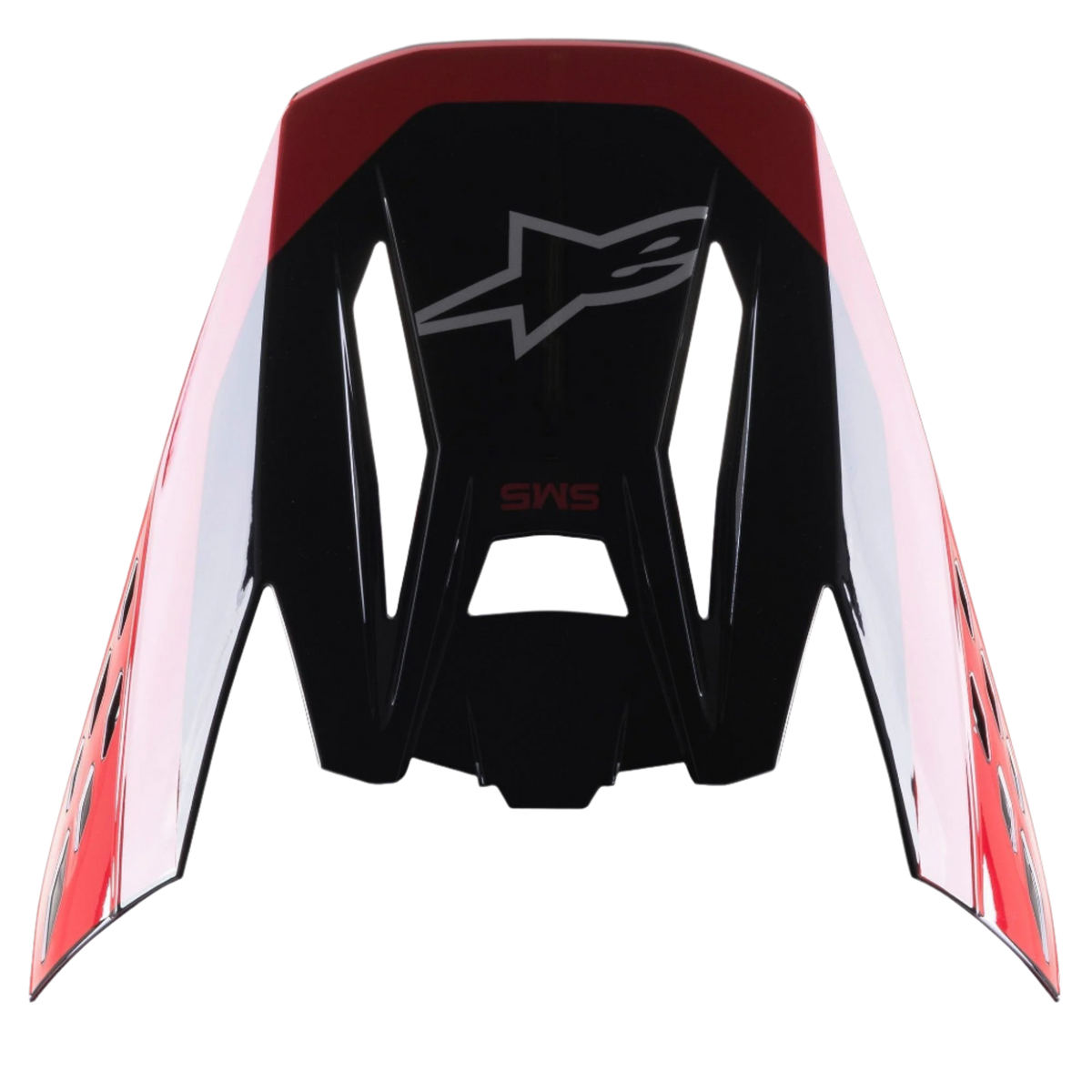 Viseira Alpinestars S-M5 Beam Black Red Glossy, peça de substituição para capacete de motocross, acabamento brilhante com detalhes em vermelho, com o logótipo Astars e texto SM5, concebida para competições de motocross e todo-o-terreno