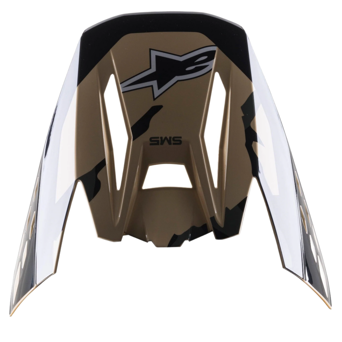 Alpinestars S-M5 Rover Visor, pala de substituição para capacete, Sand Tangerine Camo Brilhante, base castanha com detalhes de camuflagem pretos, com o logótipo Alpinestars e a marca SM5, design angular para capacetes de motocross