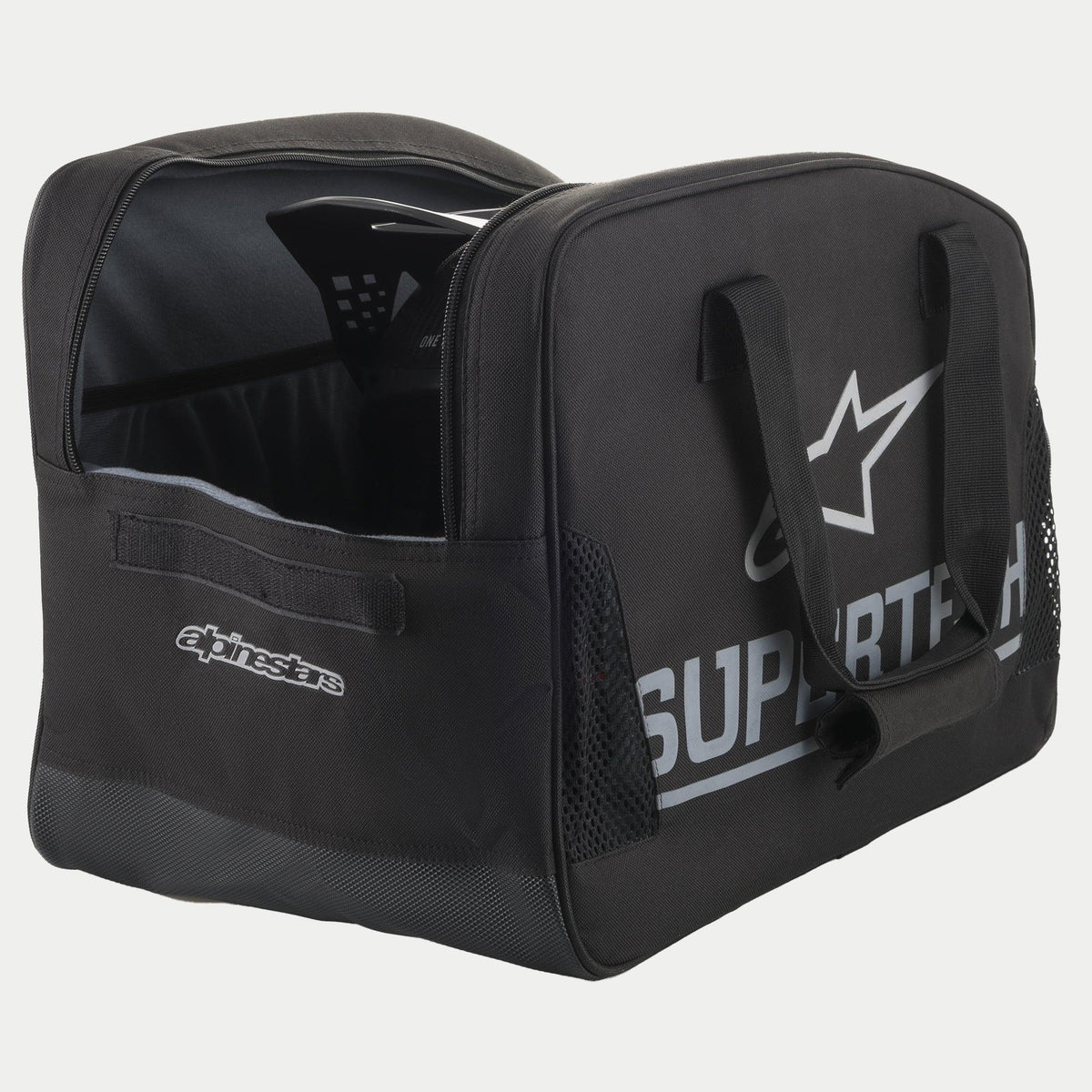 Alpinestars Supertech saco para capacete semi-rígido, preto com branding prateado, asas de transporte duráveis e construção semi-rígida segura
