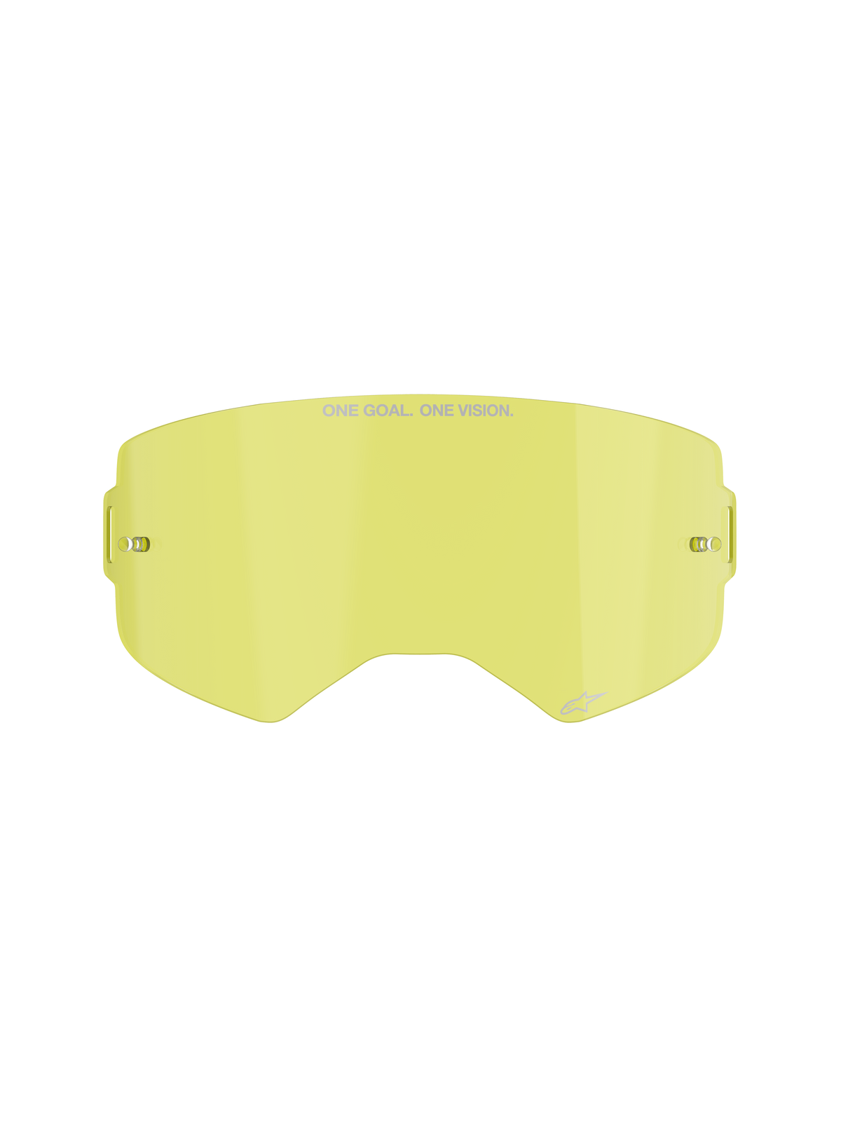 Alpinestars Supertech Clear Lens, lente de substituição para óculos de motocross, tonalidade amarela, com a inscrição "ONE GOAL. ONE VISION.", pinos para tear-off integrados, construção em policarbonato transparente resistente a impactos