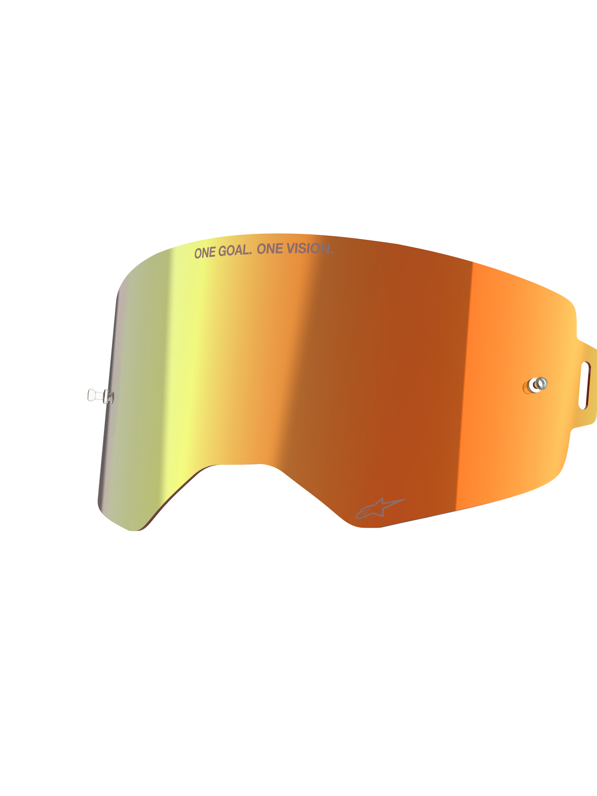 Alpinestars Supertech Mirror Lens, acessório de substituição para óculos, espelhada vermelha com gradiente laranja e amarelo, com o texto 'ONE GOAL. ONE VISION.' e o logótipo Alpinestars, acabamento refletor com pinos para tear-off para corridas de motocross
