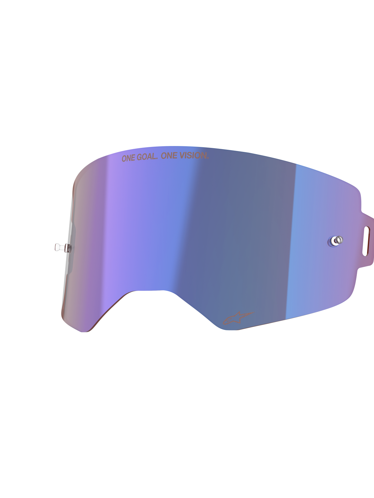 Alpinestars Lente Supertech Mirror, lente de substituição para óculos de motocross, azul espelhado com acabamento iridescente púrpura, com pinos para tear-off integrados, texto "ONE GOAL. ONE VISION." no topo e logótipo Alpinestars na parte inferior, policarbonato de alta clareza para corridas de todo-o-terreno