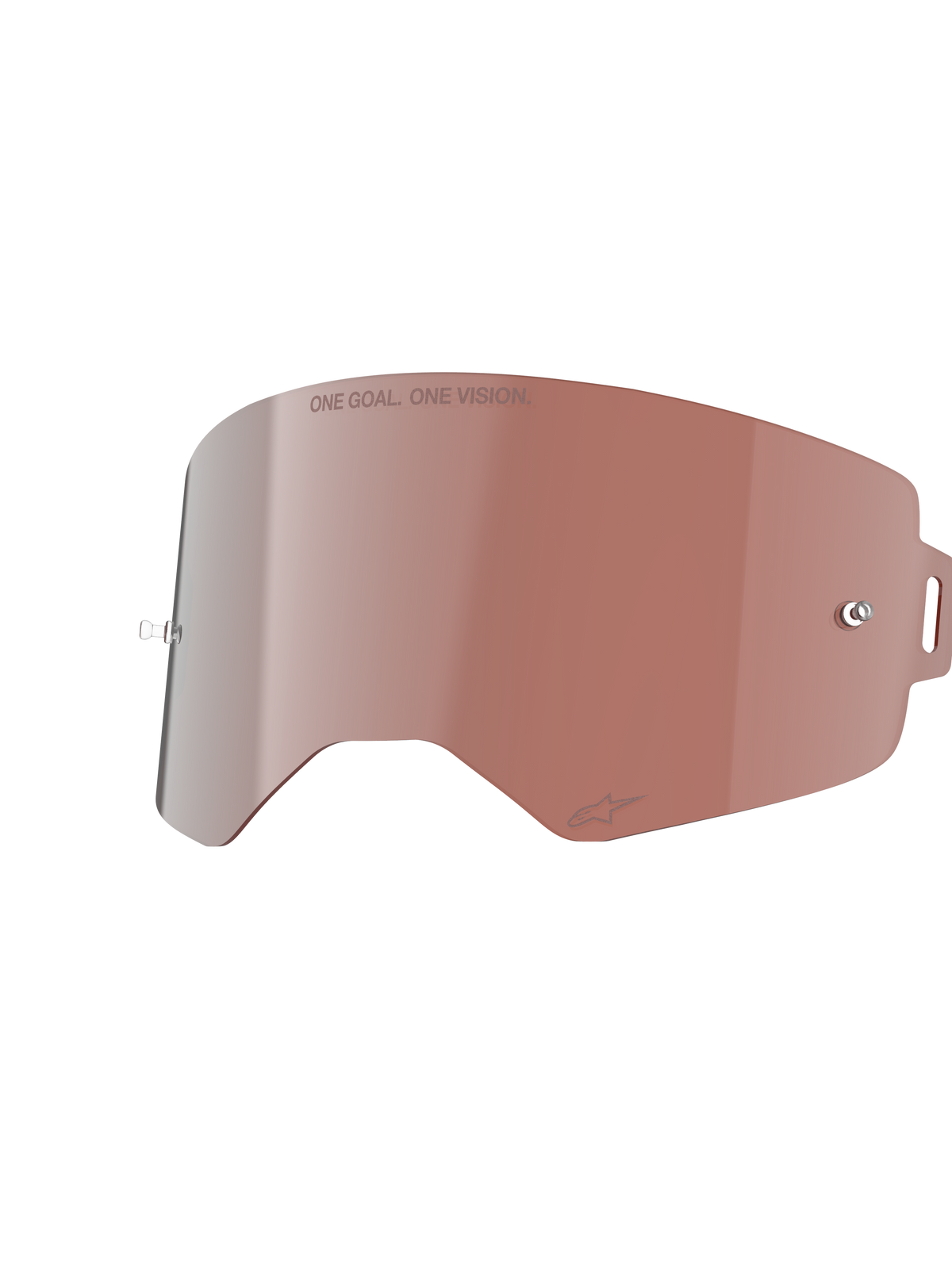 Alpinestars Supertech Mirror Lens, lente de substituição para óculos de proteção, prateada espelhada com tonalidade de cor quente, com o texto 'ONE GOAL. ONE VISION.' e postes para tear-offs, construção durável em policarbonato para motocross e corridas todo-o-terreno