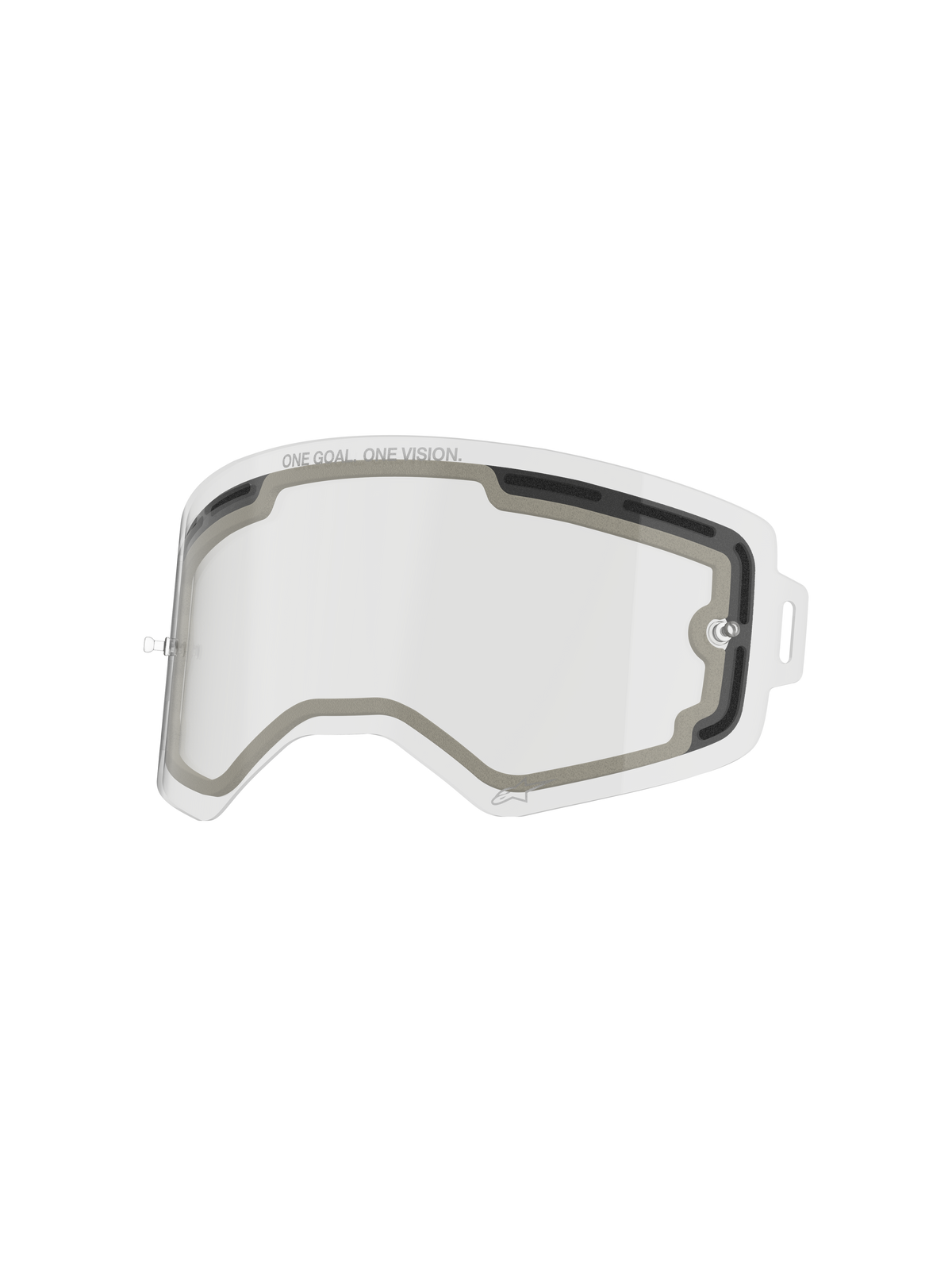Alpinestars Supertech Double Pane Lens, lente de substituição transparente, design de camada dupla ventilada com vedação em espuma cinzenta, com o texto "ONE GOAL. ONE VISION.", policarbonato resistente a impactos para performance em motocross