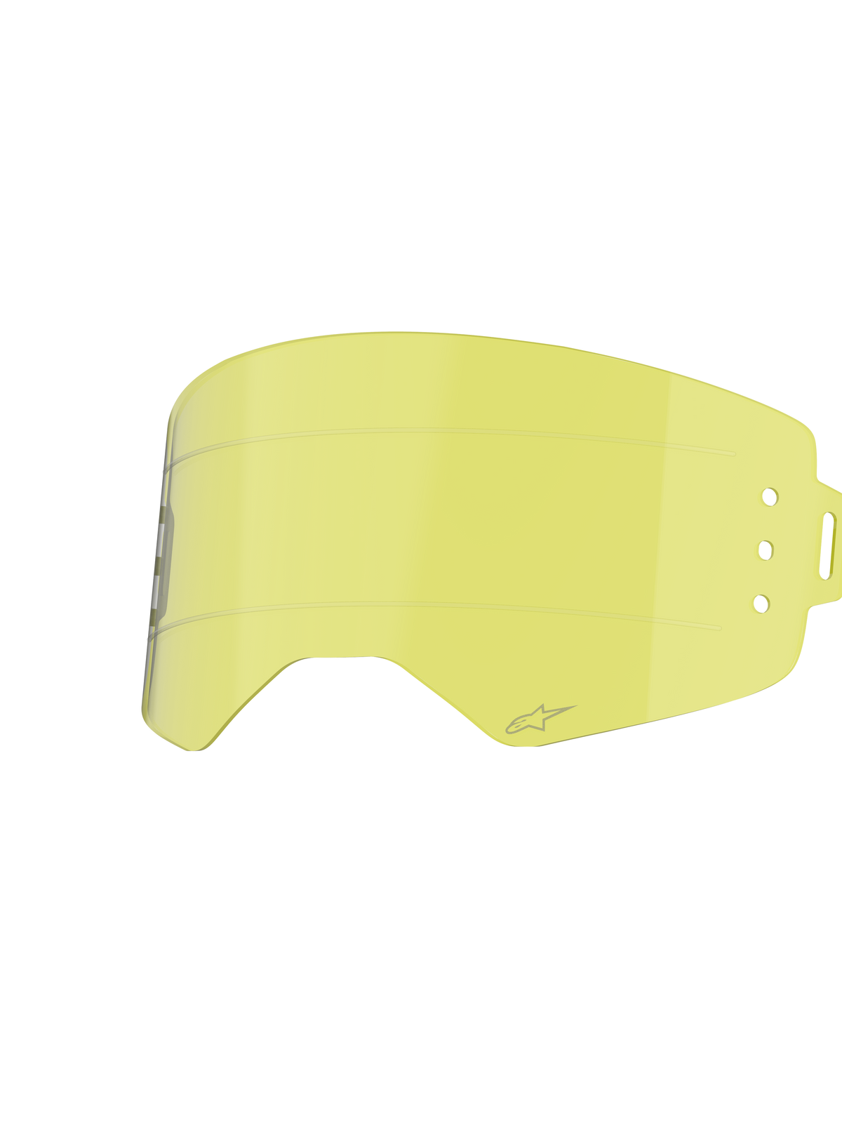 Lente Alpinestars Supertech Roll Off, acessório para óculos de motocross, amarelo claro, com linhas de deslize horizontais e pontos de fixação laterais para sistemas roll-off, design curvo em policarbonato resistente a impactos