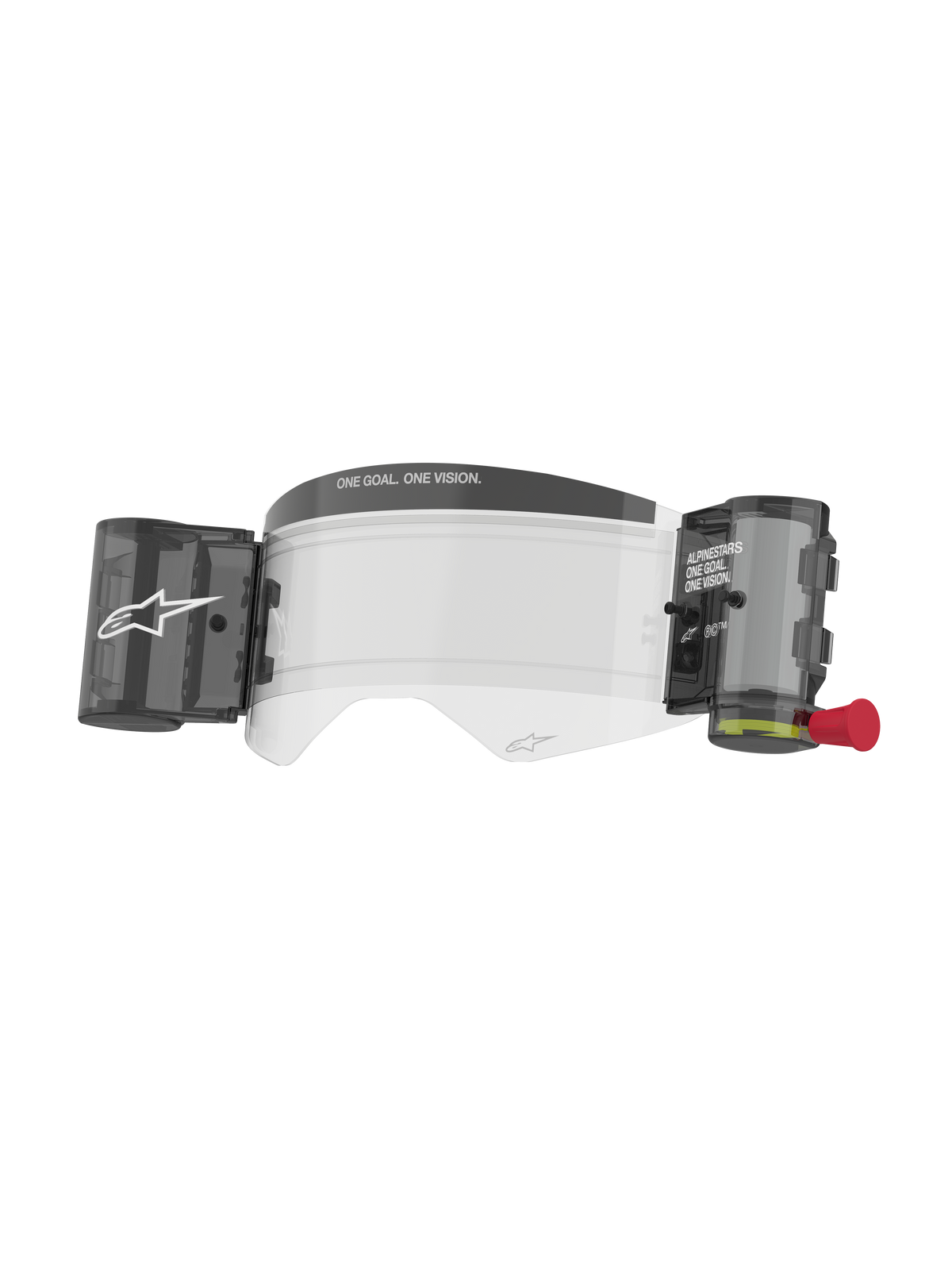 Alpinestars Supertech Roll Off Kit Wide Vision, Motocross Goggle Accessory, Transparent anti-fog lens with integrated roll-off film system, black canisters and red pull tab, featuring ONE GOAL ONE VISION branding, high-impact polycarbonate for off-road racing