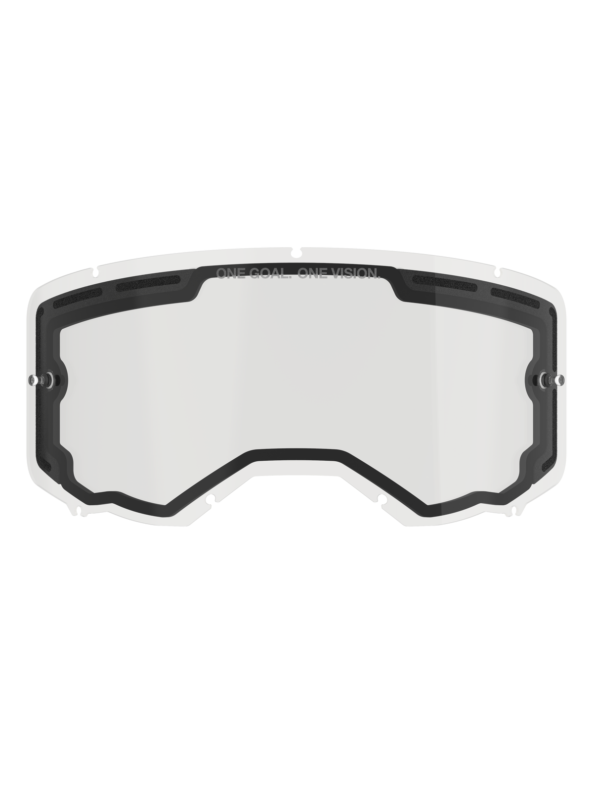 Alpinestars Vision 8-5-3 Dual Pane Lens, lente de substituição transparente para óculos de motocross, com selagem interna preta e aberturas de ventilação superiores, pinos laterais para tear-off, marca "ONE GOAL ONE VISION" na borda superior, acessório de corrida off-road