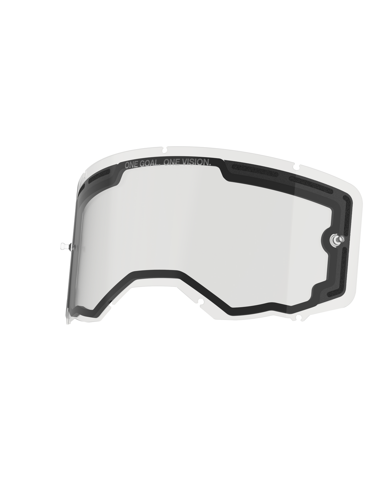 Alpinestars Vision 8-5-3 Lens Dual Pane, lente de substituição transparente para óculos, apresentando construção de painel duplo com ventilação com suporte de espuma, pinos de tear-off integrados e sistema de bloqueio de sete orifícios, "ONE GOAL. ONE VISION." impresso no rebordo superior