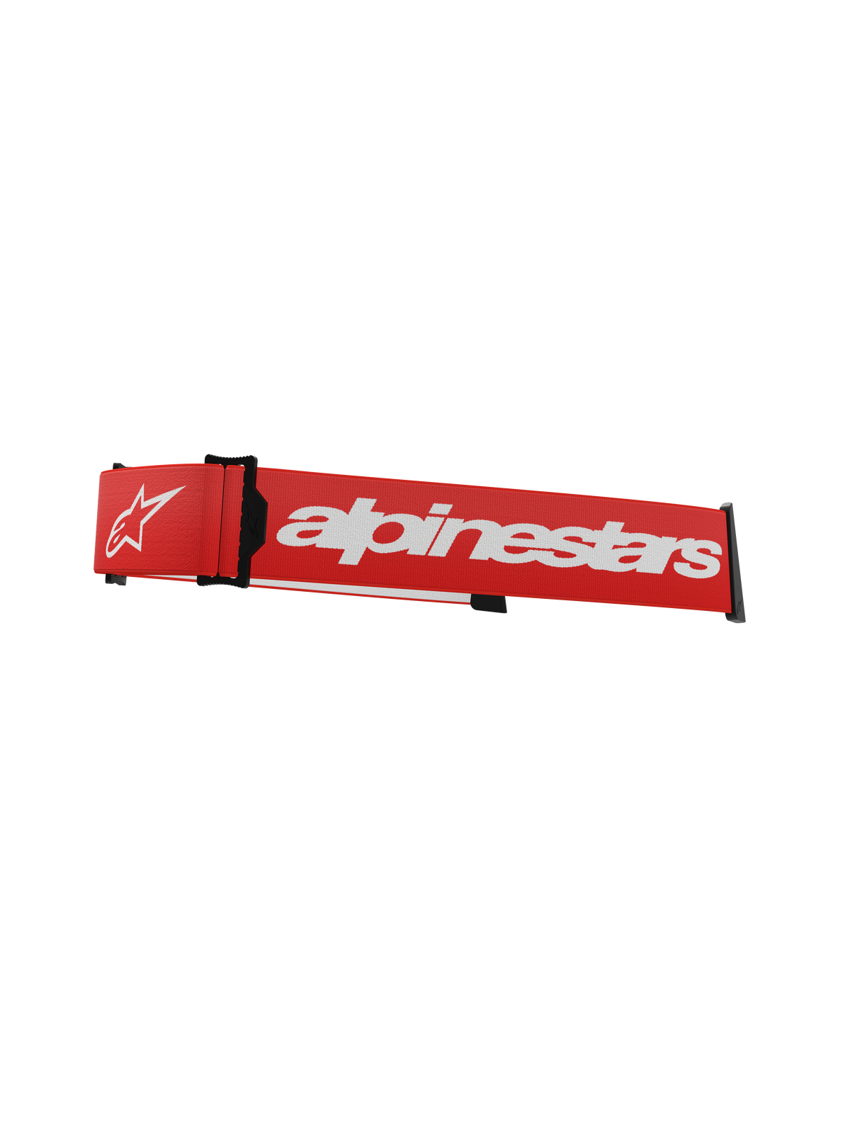 Alpinestars Supertech Goggles Strap, Red and White, replacement motocross goggle band featuring bold white branding, black click-snap connectors, and integrated ISP wedge for helmet positioning