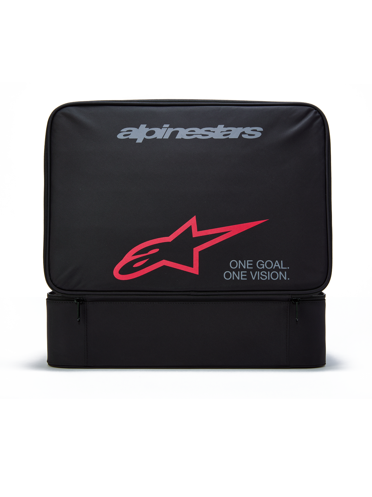 Estojo para Óculos Alpinestars Supertech Vision, saco de arrumação retangular preto para óculos de motocross, com logótipo Alpinestars cinzento, símbolo A-star vermelho e o texto "ONE GOAL. ONE VISION.", construção em poliéster durável com bolso frontal com fecho de correr