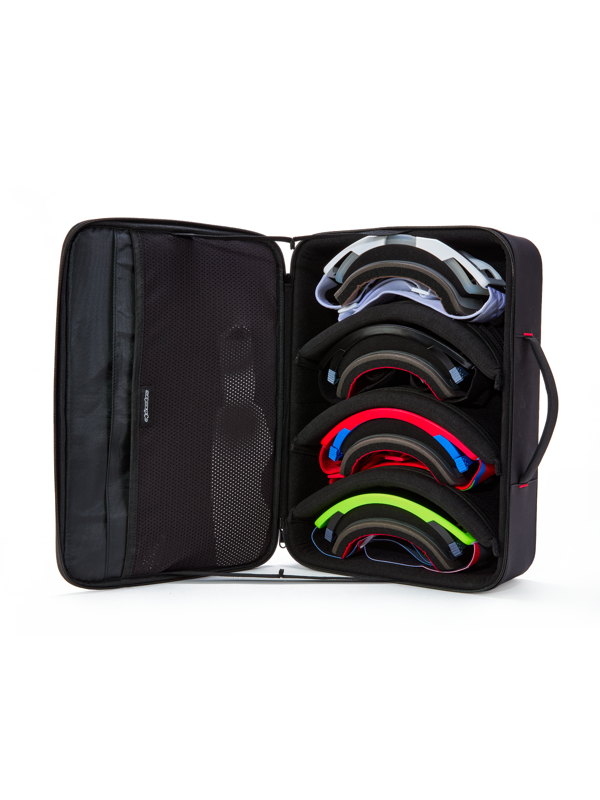 Estojo para Óculos Alpinestars Supertech Vision, preto, vista aberta exibindo o armazenamento interno para quatro pares de óculos de motocross coloridos, com divisórias modulares e bolsos de malha na tampa, design de pasta estruturada para proteção de óculos