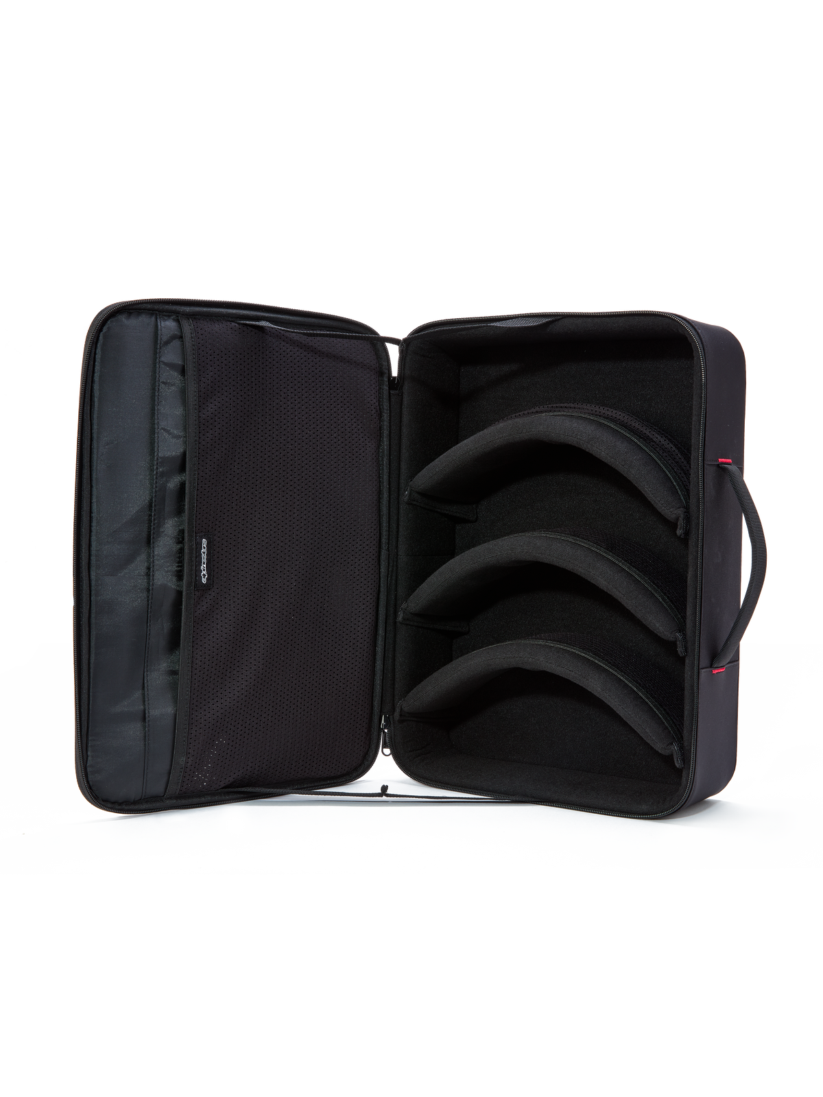 Estojo para Óculos Alpinestars Supertech Vision, preto, vista interior aberta, três divisórias modulares pré-curvadas para armazenamento de lentes e óculos, bolsos de malha macia na tampa para acessórios, design estilo pasta horizontal com pega almofadada, organizador de equipamento de motocross