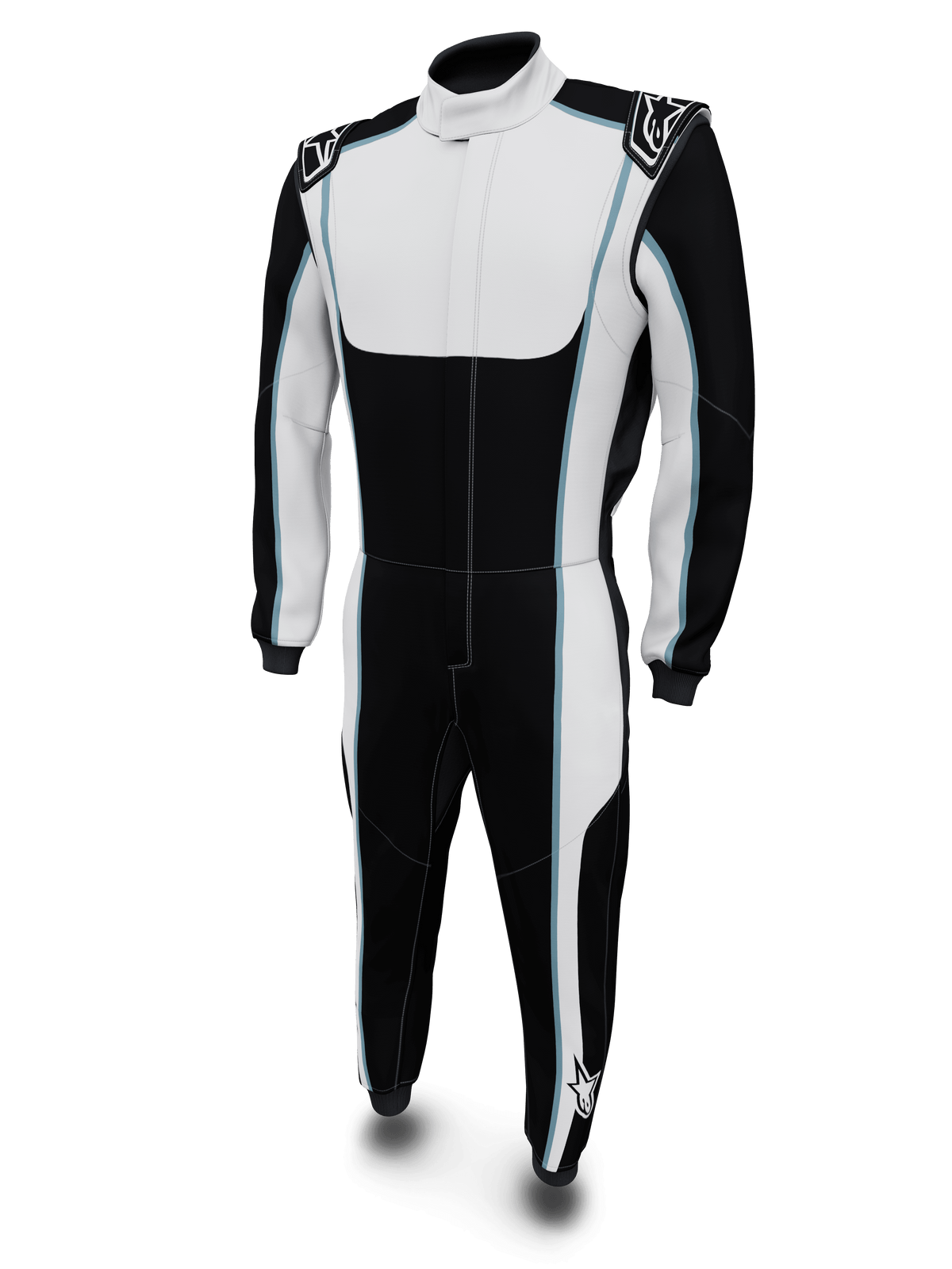 Alpinestars Macacão Personalizado Tech Vision V3, fato de automobilismo, preto e branco com detalhes azuis, certificado FIA, vista frontal